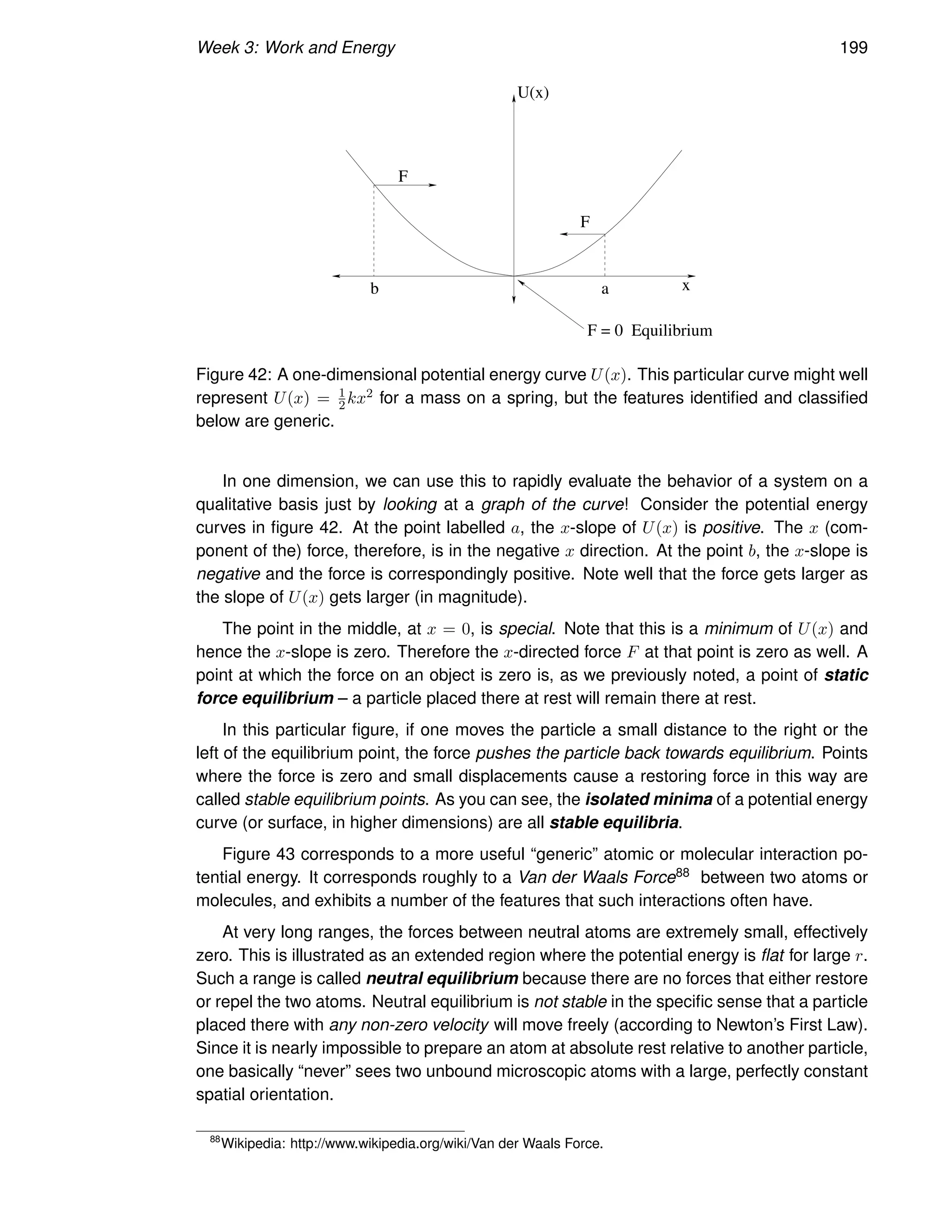 Week 3: Work and Energy 199
U(x)
F = 0 Equilibrium
F
F
x
b a
Figure 42: A one-dimensional potential energy curve U(x). This particular curve might well
represent U(x) = 1
2 kx2 for a mass on a spring, but the features identified and classified
below are generic.
In one dimension, we can use this to rapidly evaluate the behavior of a system on a
qualitative basis just by looking at a graph of the curve! Consider the potential energy
curves in figure 42. At the point labelled a, the x-slope of U(x) is positive. The x (com-
ponent of the) force, therefore, is in the negative x direction. At the point b, the x-slope is
negative and the force is correspondingly positive. Note well that the force gets larger as
the slope of U(x) gets larger (in magnitude).
The point in the middle, at x = 0, is special. Note that this is a minimum of U(x) and
hence the x-slope is zero. Therefore the x-directed force F at that point is zero as well. A
point at which the force on an object is zero is, as we previously noted, a point of static
force equilibrium – a particle placed there at rest will remain there at rest.
In this particular figure, if one moves the particle a small distance to the right or the
left of the equilibrium point, the force pushes the particle back towards equilibrium. Points
where the force is zero and small displacements cause a restoring force in this way are
called stable equilibrium points. As you can see, the isolated minima of a potential energy
curve (or surface, in higher dimensions) are all stable equilibria.
Figure 43 corresponds to a more useful “generic” atomic or molecular interaction po-
tential energy. It corresponds roughly to a Van der Waals Force88 between two atoms or
molecules, and exhibits a number of the features that such interactions often have.
At very long ranges, the forces between neutral atoms are extremely small, effectively
zero. This is illustrated as an extended region where the potential energy is flat for large r.
Such a range is called neutral equilibrium because there are no forces that either restore
or repel the two atoms. Neutral equilibrium is not stable in the specific sense that a particle
placed there with any non-zero velocity will move freely (according to Newton’s First Law).
Since it is nearly impossible to prepare an atom at absolute rest relative to another particle,
one basically “never” sees two unbound microscopic atoms with a large, perfectly constant
spatial orientation.
88
Wikipedia: http://www.wikipedia.org/wiki/Van der Waals Force.
 