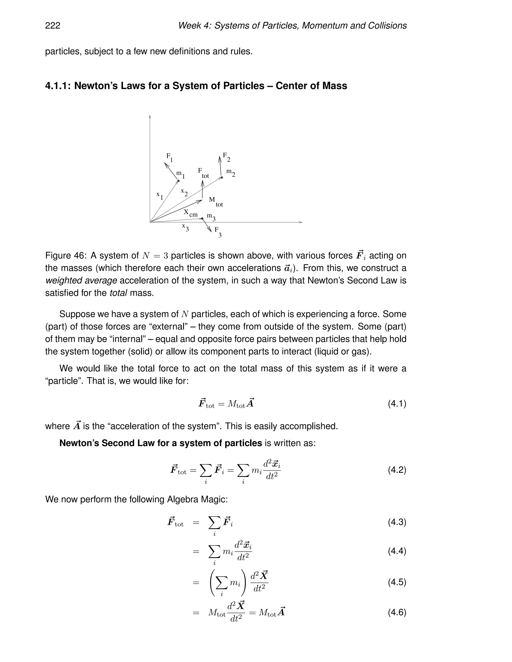 222 Week 4: Systems of Particles, Momentum and Collisions
particles, subject to a few new definitions and rules.
4.1.1: Newton’s Laws for a System of Particles – Center of Mass
m
3
x
3
x
2
m
2
x
1
m
1
M
tot
Xcm
F
tot
F
1
F
3
F
2
Figure 46: A system of N = 3 particles is shown above, with various forces ~
F i acting on
the masses (which therefore each their own accelerations ~
ai). From this, we construct a
weighted average acceleration of the system, in such a way that Newton’s Second Law is
satisfied for the total mass.
Suppose we have a system of N particles, each of which is experiencing a force. Some
(part) of those forces are “external” – they come from outside of the system. Some (part)
of them may be “internal” – equal and opposite force pairs between particles that help hold
the system together (solid) or allow its component parts to interact (liquid or gas).
We would like the total force to act on the total mass of this system as if it were a
“particle”. That is, we would like for:
~
F tot = Mtot
~
A (4.1)
where ~
A is the “acceleration of the system”. This is easily accomplished.
Newton’s Second Law for a system of particles is written as:
~
F tot =
X
i
~
F i =
X
i
mi
d2~
xi
dt2
(4.2)
We now perform the following Algebra Magic:
~
F tot =
X
i
~
F i (4.3)
=
X
i
mi
d2~
xi
dt2
(4.4)
=
X
i
mi
!
d2 ~
X
dt2
(4.5)
= Mtot
d2 ~
X
dt2
= Mtot
~
A (4.6)
 