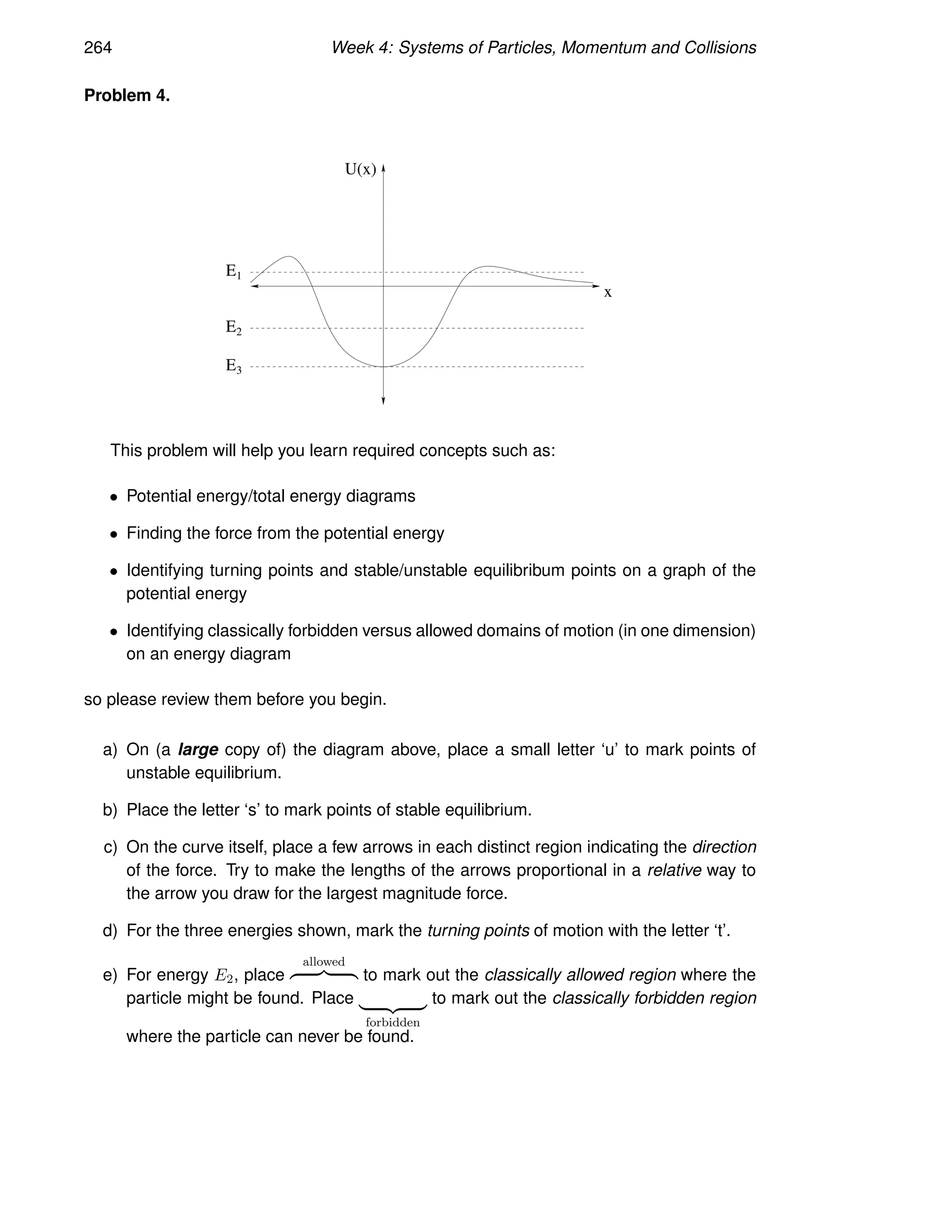 264 Week 4: Systems of Particles, Momentum and Collisions
Problem 4.
U(x)
x
E
E1
2
E3
This problem will help you learn required concepts such as:
• Potential energy/total energy diagrams
• Finding the force from the potential energy
• Identifying turning points and stable/unstable equilibribum points on a graph of the
potential energy
• Identifying classically forbidden versus allowed domains of motion (in one dimension)
on an energy diagram
so please review them before you begin.
a) On (a large copy of) the diagram above, place a small letter ‘u’ to mark points of
unstable equilibrium.
b) Place the letter ‘s’ to mark points of stable equilibrium.
c) On the curve itself, place a few arrows in each distinct region indicating the direction
of the force. Try to make the lengths of the arrows proportional in a relative way to
the arrow you draw for the largest magnitude force.
d) For the three energies shown, mark the turning points of motion with the letter ‘t’.
e) For energy E2, place
allowed
z }| { to mark out the classically allowed region where the
particle might be found. Place | {z }
forbidden
to mark out the classically forbidden region
where the particle can never be found.
 