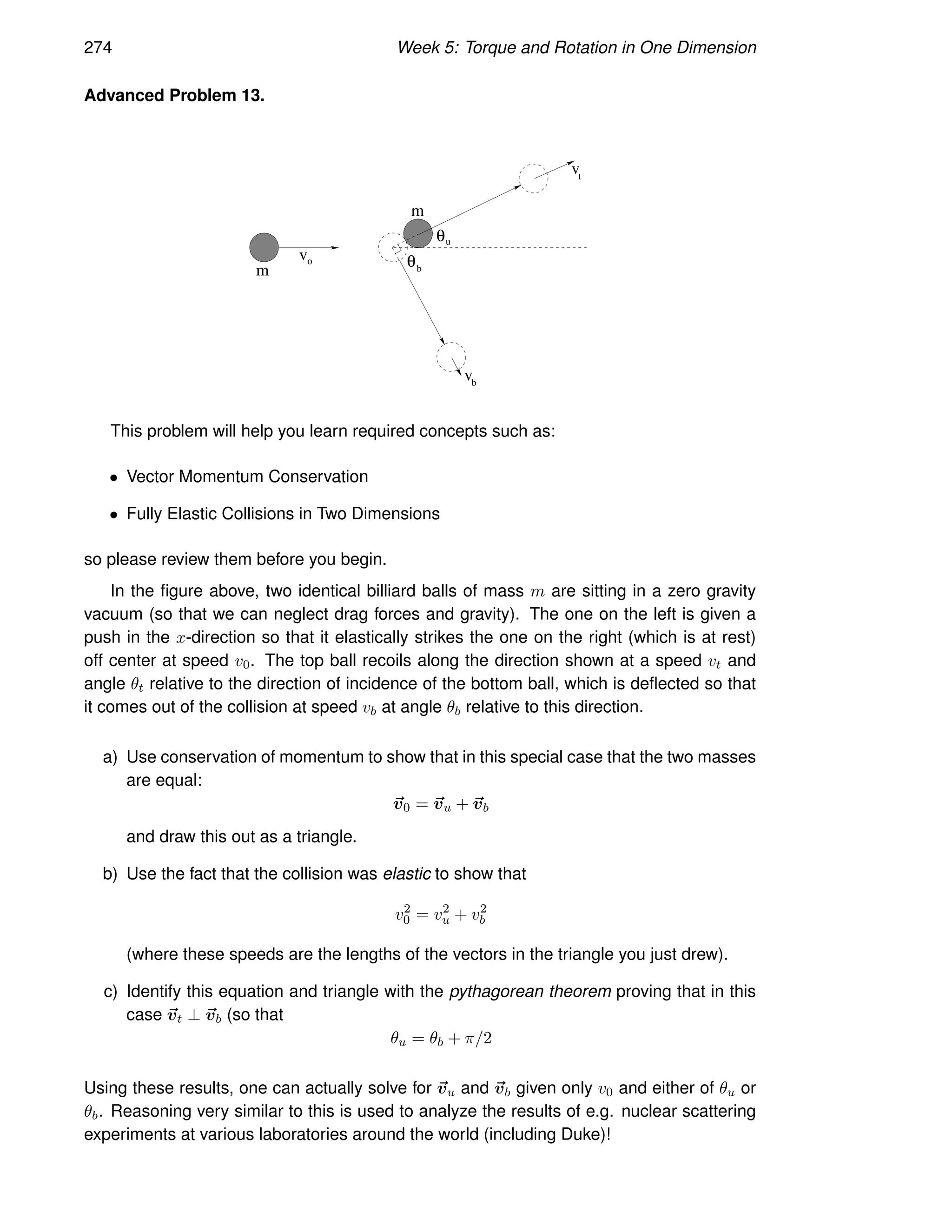 274 Week 5: Torque and Rotation in One Dimension
Advanced Problem 13.
v
m
m
v
vo
t
b
θu
θb
This problem will help you learn required concepts such as:
• Vector Momentum Conservation
• Fully Elastic Collisions in Two Dimensions
so please review them before you begin.
In the figure above, two identical billiard balls of mass m are sitting in a zero gravity
vacuum (so that we can neglect drag forces and gravity). The one on the left is given a
push in the x-direction so that it elastically strikes the one on the right (which is at rest)
off center at speed v0. The top ball recoils along the direction shown at a speed vt and
angle θt relative to the direction of incidence of the bottom ball, which is deflected so that
it comes out of the collision at speed vb at angle θb relative to this direction.
a) Use conservation of momentum to show that in this special case that the two masses
are equal:
~
v0 = ~
vu + ~
vb
and draw this out as a triangle.
b) Use the fact that the collision was elastic to show that
v2
0 = v2
u + v2
b
(where these speeds are the lengths of the vectors in the triangle you just drew).
c) Identify this equation and triangle with the pythagorean theorem proving that in this
case ~
vt ⊥ ~
vb (so that
θu = θb + π/2
Using these results, one can actually solve for ~
vu and ~
vb given only v0 and either of θu or
θb. Reasoning very similar to this is used to analyze the results of e.g. nuclear scattering
experiments at various laboratories around the world (including Duke)!
 
