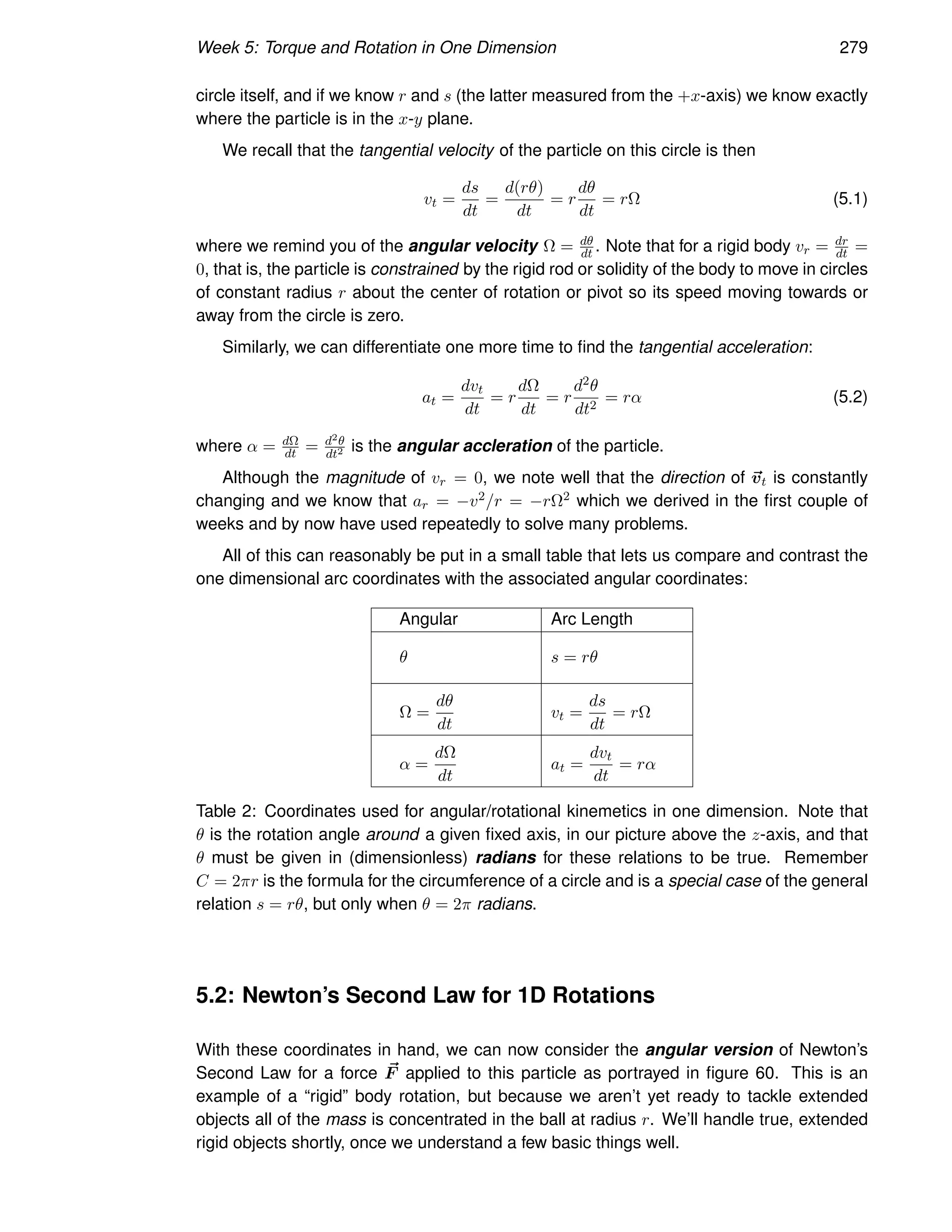 Week 5: Torque and Rotation in One Dimension 279
circle itself, and if we know r and s (the latter measured from the +x-axis) we know exactly
where the particle is in the x-y plane.
We recall that the tangential velocity of the particle on this circle is then
vt =
ds
dt
=
d(rθ)
dt
= r
dθ
dt
= rΩ (5.1)
where we remind you of the angular velocity Ω = dθ
dt . Note that for a rigid body vr = dr
dt =
0, that is, the particle is constrained by the rigid rod or solidity of the body to move in circles
of constant radius r about the center of rotation or pivot so its speed moving towards or
away from the circle is zero.
Similarly, we can differentiate one more time to find the tangential acceleration:
at =
dvt
dt
= r
dΩ
dt
= r
d2θ
dt2
= rα (5.2)
where α = dΩ
dt = d2θ
dt2 is the angular accleration of the particle.
Although the magnitude of vr = 0, we note well that the direction of ~
vt is constantly
changing and we know that ar = −v2/r = −rΩ2 which we derived in the first couple of
weeks and by now have used repeatedly to solve many problems.
All of this can reasonably be put in a small table that lets us compare and contrast the
one dimensional arc coordinates with the associated angular coordinates:
Angular Arc Length
θ s = rθ
Ω =
dθ
dt
vt =
ds
dt
= rΩ
α =
dΩ
dt
at =
dvt
dt
= rα
Table 2: Coordinates used for angular/rotational kinemetics in one dimension. Note that
θ is the rotation angle around a given fixed axis, in our picture above the z-axis, and that
θ must be given in (dimensionless) radians for these relations to be true. Remember
C = 2πr is the formula for the circumference of a circle and is a special case of the general
relation s = rθ, but only when θ = 2π radians.
5.2: Newton’s Second Law for 1D Rotations
With these coordinates in hand, we can now consider the angular version of Newton’s
Second Law for a force ~
F applied to this particle as portrayed in figure 60. This is an
example of a “rigid” body rotation, but because we aren’t yet ready to tackle extended
objects all of the mass is concentrated in the ball at radius r. We’ll handle true, extended
rigid objects shortly, once we understand a few basic things well.
 
