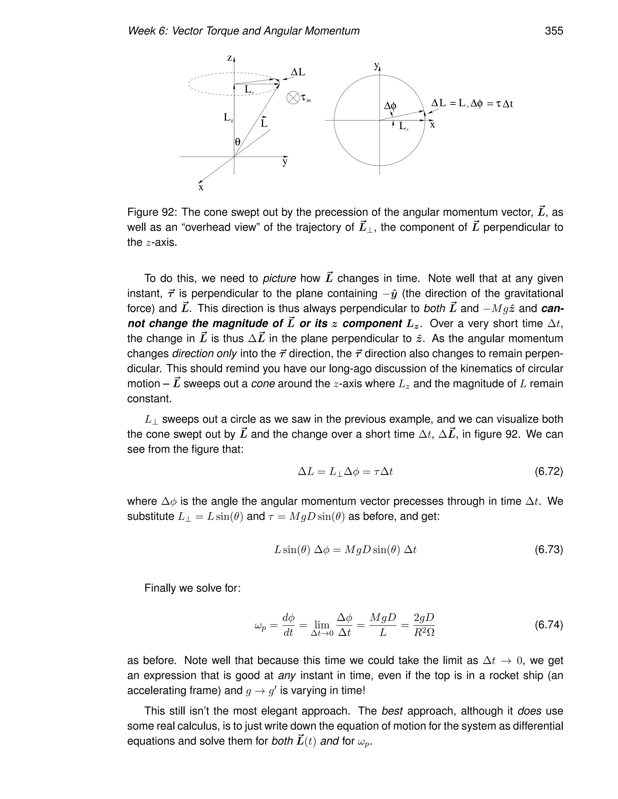 Week 6: Vector Torque and Angular Momentum 355
Lz
L
L
θ
z
y
x
L
∆φ
y
x
L
∆ = L ∆φ
∆L
τin
= τ ∆t
Figure 92: The cone swept out by the precession of the angular momentum vector, ~
L, as
well as an “overhead view” of the trajectory of ~
L⊥, the component of ~
L perpendicular to
the z-axis.
To do this, we need to picture how ~
L changes in time. Note well that at any given
instant, ~
τ is perpendicular to the plane containing −ŷ (the direction of the gravitational
force) and ~
L. This direction is thus always perpendicular to both ~
L and −Mgẑ and can-
not change the magnitude of ~
L or its z component Lz. Over a very short time ∆t,
the change in ~
L is thus ∆~
L in the plane perpendicular to ẑ. As the angular momentum
changes direction only into the ~
τ direction, the ~
τ direction also changes to remain perpen-
dicular. This should remind you have our long-ago discussion of the kinematics of circular
motion – ~
L sweeps out a cone around the z-axis where Lz and the magnitude of L remain
constant.
L⊥ sweeps out a circle as we saw in the previous example, and we can visualize both
the cone swept out by ~
L and the change over a short time ∆t, ∆~
L, in figure 92. We can
see from the figure that:
∆L = L⊥∆φ = τ∆t (6.72)
where ∆φ is the angle the angular momentum vector precesses through in time ∆t. We
substitute L⊥ = L sin(θ) and τ = MgD sin(θ) as before, and get:
L sin(θ) ∆φ = MgD sin(θ) ∆t (6.73)
Finally we solve for:
ωp =
dφ
dt
= lim
∆t→0
∆φ
∆t
=
MgD
L
=
2gD
R2Ω
(6.74)
as before. Note well that because this time we could take the limit as ∆t → 0, we get
an expression that is good at any instant in time, even if the top is in a rocket ship (an
accelerating frame) and g → g′ is varying in time!
This still isn’t the most elegant approach. The best approach, although it does use
some real calculus, is to just write down the equation of motion for the system as differential
equations and solve them for both ~
L(t) and for ωp.
 
