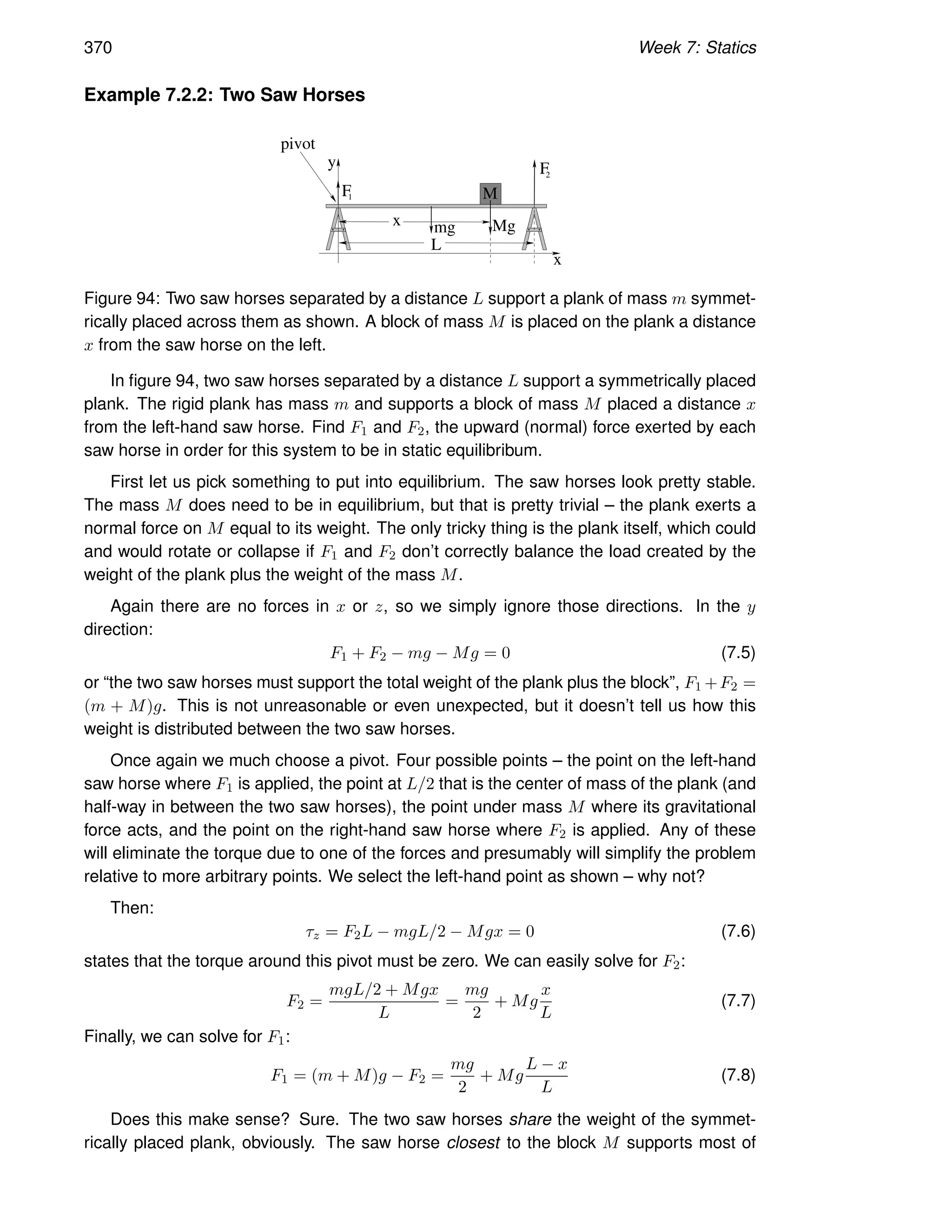 370 Week 7: Statics
Example 7.2.2: Two Saw Horses
x
L
y
x
M
F1
F2
mg Mg
pivot
Figure 94: Two saw horses separated by a distance L support a plank of mass m symmet-
rically placed across them as shown. A block of mass M is placed on the plank a distance
x from the saw horse on the left.
In figure 94, two saw horses separated by a distance L support a symmetrically placed
plank. The rigid plank has mass m and supports a block of mass M placed a distance x
from the left-hand saw horse. Find F1 and F2, the upward (normal) force exerted by each
saw horse in order for this system to be in static equilibribum.
First let us pick something to put into equilibrium. The saw horses look pretty stable.
The mass M does need to be in equilibrium, but that is pretty trivial – the plank exerts a
normal force on M equal to its weight. The only tricky thing is the plank itself, which could
and would rotate or collapse if F1 and F2 don’t correctly balance the load created by the
weight of the plank plus the weight of the mass M.
Again there are no forces in x or z, so we simply ignore those directions. In the y
direction:
F1 + F2 − mg − Mg = 0 (7.5)
or “the two saw horses must support the total weight of the plank plus the block”, F1 +F2 =
(m + M)g. This is not unreasonable or even unexpected, but it doesn’t tell us how this
weight is distributed between the two saw horses.
Once again we much choose a pivot. Four possible points – the point on the left-hand
saw horse where F1 is applied, the point at L/2 that is the center of mass of the plank (and
half-way in between the two saw horses), the point under mass M where its gravitational
force acts, and the point on the right-hand saw horse where F2 is applied. Any of these
will eliminate the torque due to one of the forces and presumably will simplify the problem
relative to more arbitrary points. We select the left-hand point as shown – why not?
Then:
τz = F2L − mgL/2 − Mgx = 0 (7.6)
states that the torque around this pivot must be zero. We can easily solve for F2:
F2 =
mgL/2 + Mgx
L
=
mg
2
+ Mg
x
L
(7.7)
Finally, we can solve for F1:
F1 = (m + M)g − F2 =
mg
2
+ Mg
L − x
L
(7.8)
Does this make sense? Sure. The two saw horses share the weight of the symmet-
rically placed plank, obviously. The saw horse closest to the block M supports most of
 