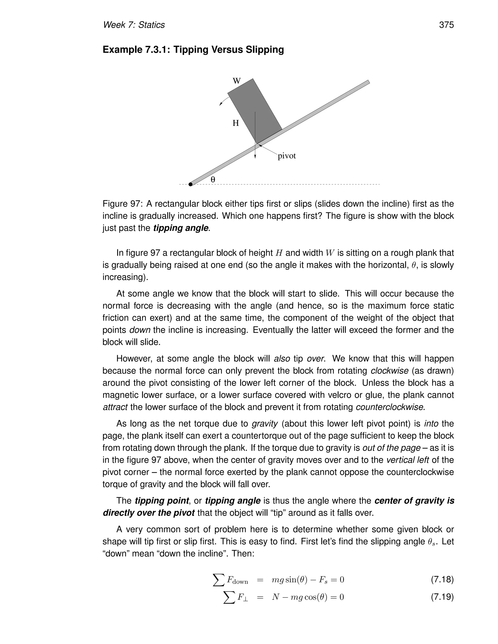 Week 7: Statics 375
Example 7.3.1: Tipping Versus Slipping
H
W
pivot
θ
Figure 97: A rectangular block either tips first or slips (slides down the incline) first as the
incline is gradually increased. Which one happens first? The figure is show with the block
just past the tipping angle.
In figure 97 a rectangular block of height H and width W is sitting on a rough plank that
is gradually being raised at one end (so the angle it makes with the horizontal, θ, is slowly
increasing).
At some angle we know that the block will start to slide. This will occur because the
normal force is decreasing with the angle (and hence, so is the maximum force static
friction can exert) and at the same time, the component of the weight of the object that
points down the incline is increasing. Eventually the latter will exceed the former and the
block will slide.
However, at some angle the block will also tip over. We know that this will happen
because the normal force can only prevent the block from rotating clockwise (as drawn)
around the pivot consisting of the lower left corner of the block. Unless the block has a
magnetic lower surface, or a lower surface covered with velcro or glue, the plank cannot
attract the lower surface of the block and prevent it from rotating counterclockwise.
As long as the net torque due to gravity (about this lower left pivot point) is into the
page, the plank itself can exert a countertorque out of the page sufficient to keep the block
from rotating down through the plank. If the torque due to gravity is out of the page – as it is
in the figure 97 above, when the center of gravity moves over and to the vertical left of the
pivot corner – the normal force exerted by the plank cannot oppose the counterclockwise
torque of gravity and the block will fall over.
The tipping point, or tipping angle is thus the angle where the center of gravity is
directly over the pivot that the object will “tip” around as it falls over.
A very common sort of problem here is to determine whether some given block or
shape will tip first or slip first. This is easy to find. First let’s find the slipping angle θs. Let
“down” mean “down the incline”. Then:
X
Fdown = mg sin(θ) − Fs = 0 (7.18)
X
F⊥ = N − mg cos(θ) = 0 (7.19)
 