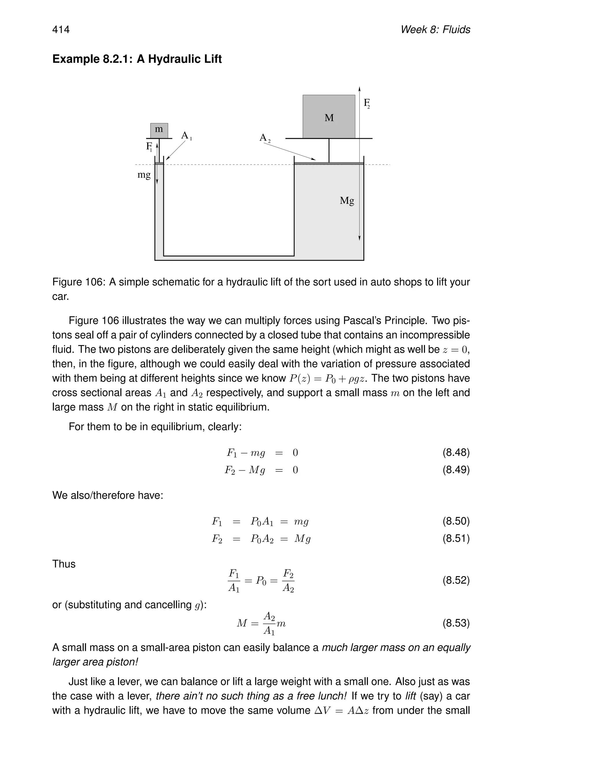 414 Week 8: Fluids
Example 8.2.1: A Hydraulic Lift
m
M
A A
F
mg
F
Mg
1 2
2
1
Figure 106: A simple schematic for a hydraulic lift of the sort used in auto shops to lift your
car.
Figure 106 illustrates the way we can multiply forces using Pascal’s Principle. Two pis-
tons seal off a pair of cylinders connected by a closed tube that contains an incompressible
fluid. The two pistons are deliberately given the same height (which might as well be z = 0,
then, in the figure, although we could easily deal with the variation of pressure associated
with them being at different heights since we know P(z) = P0 + ρgz. The two pistons have
cross sectional areas A1 and A2 respectively, and support a small mass m on the left and
large mass M on the right in static equilibrium.
For them to be in equilibrium, clearly:
F1 − mg = 0 (8.48)
F2 − Mg = 0 (8.49)
We also/therefore have:
F1 = P0A1 = mg (8.50)
F2 = P0A2 = Mg (8.51)
Thus
F1
A1
= P0 =
F2
A2
(8.52)
or (substituting and cancelling g):
M =
A2
A1
m (8.53)
A small mass on a small-area piston can easily balance a much larger mass on an equally
larger area piston!
Just like a lever, we can balance or lift a large weight with a small one. Also just as was
the case with a lever, there ain’t no such thing as a free lunch! If we try to lift (say) a car
with a hydraulic lift, we have to move the same volume ∆V = A∆z from under the small
 