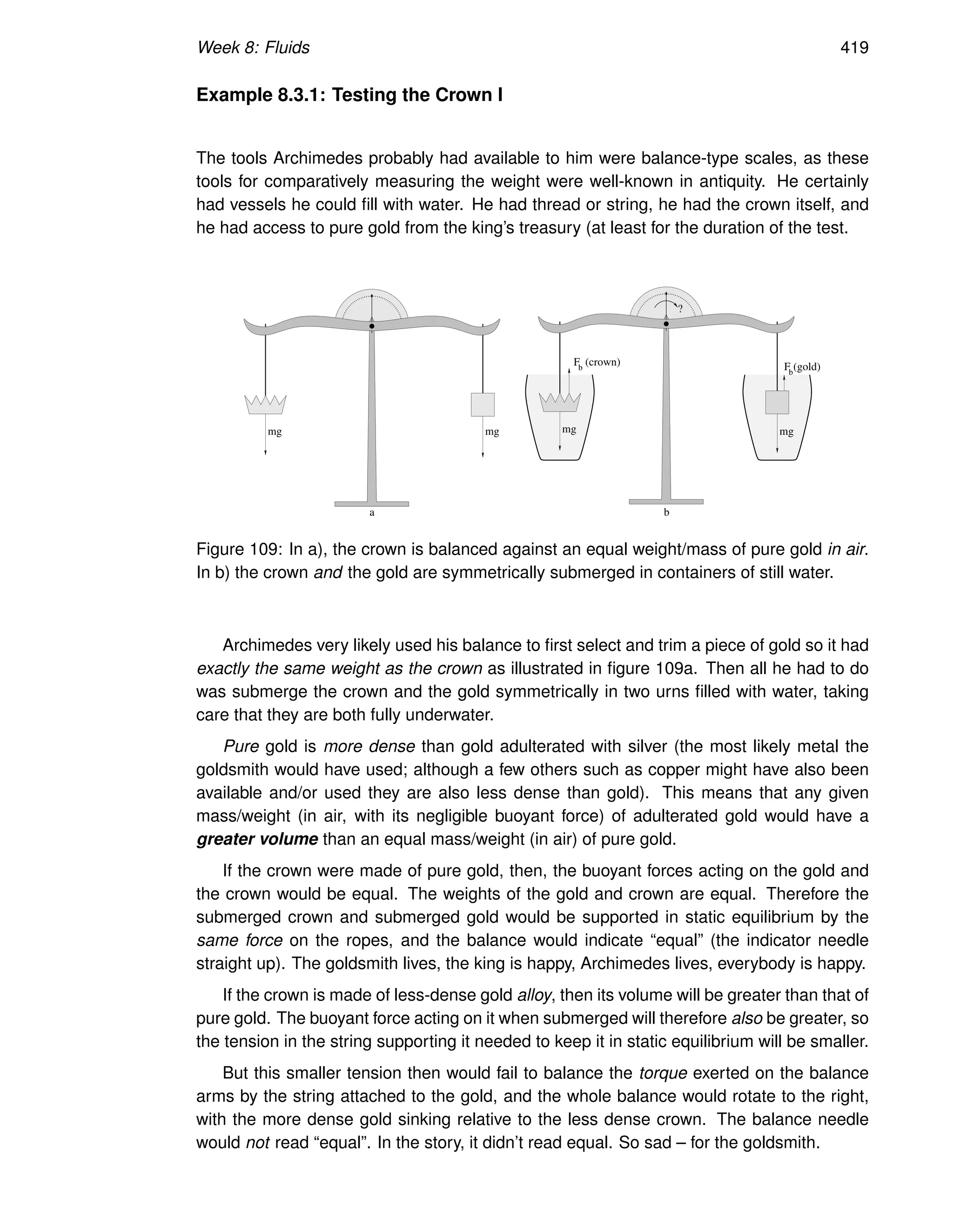 Week 8: Fluids 419
Example 8.3.1: Testing the Crown I
The tools Archimedes probably had available to him were balance-type scales, as these
tools for comparatively measuring the weight were well-known in antiquity. He certainly
had vessels he could fill with water. He had thread or string, he had the crown itself, and
he had access to pure gold from the king’s treasury (at least for the duration of the test.
a
mg mg mg mg
Fb
(crown)
b
F (gold)
b
?
Figure 109: In a), the crown is balanced against an equal weight/mass of pure gold in air.
In b) the crown and the gold are symmetrically submerged in containers of still water.
Archimedes very likely used his balance to first select and trim a piece of gold so it had
exactly the same weight as the crown as illustrated in figure 109a. Then all he had to do
was submerge the crown and the gold symmetrically in two urns filled with water, taking
care that they are both fully underwater.
Pure gold is more dense than gold adulterated with silver (the most likely metal the
goldsmith would have used; although a few others such as copper might have also been
available and/or used they are also less dense than gold). This means that any given
mass/weight (in air, with its negligible buoyant force) of adulterated gold would have a
greater volume than an equal mass/weight (in air) of pure gold.
If the crown were made of pure gold, then, the buoyant forces acting on the gold and
the crown would be equal. The weights of the gold and crown are equal. Therefore the
submerged crown and submerged gold would be supported in static equilibrium by the
same force on the ropes, and the balance would indicate “equal” (the indicator needle
straight up). The goldsmith lives, the king is happy, Archimedes lives, everybody is happy.
If the crown is made of less-dense gold alloy, then its volume will be greater than that of
pure gold. The buoyant force acting on it when submerged will therefore also be greater, so
the tension in the string supporting it needed to keep it in static equilibrium will be smaller.
But this smaller tension then would fail to balance the torque exerted on the balance
arms by the string attached to the gold, and the whole balance would rotate to the right,
with the more dense gold sinking relative to the less dense crown. The balance needle
would not read “equal”. In the story, it didn’t read equal. So sad – for the goldsmith.
 