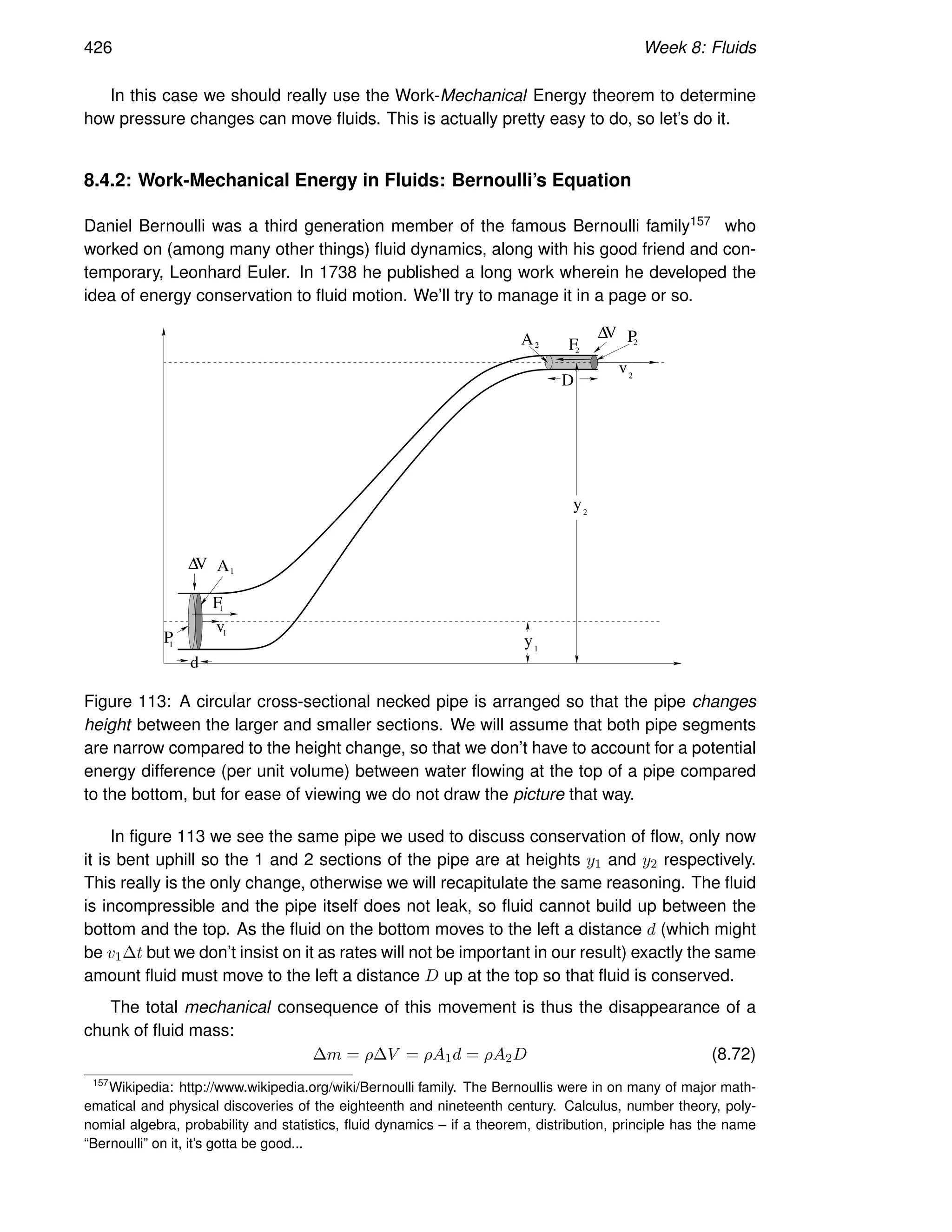 426 Week 8: Fluids
In this case we should really use the Work-Mechanical Energy theorem to determine
how pressure changes can move fluids. This is actually pretty easy to do, so let’s do it.
8.4.2: Work-Mechanical Energy in Fluids: Bernoulli’s Equation
Daniel Bernoulli was a third generation member of the famous Bernoulli family157 who
worked on (among many other things) fluid dynamics, along with his good friend and con-
temporary, Leonhard Euler. In 1738 he published a long work wherein he developed the
idea of energy conservation to fluid motion. We’ll try to manage it in a page or so.
v
v
y
y
1
2
2
∆
∆V
V
1
P
2
P
1
1
F
2
F
D
d
A
A
1
2
Figure 113: A circular cross-sectional necked pipe is arranged so that the pipe changes
height between the larger and smaller sections. We will assume that both pipe segments
are narrow compared to the height change, so that we don’t have to account for a potential
energy difference (per unit volume) between water flowing at the top of a pipe compared
to the bottom, but for ease of viewing we do not draw the picture that way.
In figure 113 we see the same pipe we used to discuss conservation of flow, only now
it is bent uphill so the 1 and 2 sections of the pipe are at heights y1 and y2 respectively.
This really is the only change, otherwise we will recapitulate the same reasoning. The fluid
is incompressible and the pipe itself does not leak, so fluid cannot build up between the
bottom and the top. As the fluid on the bottom moves to the left a distance d (which might
be v1∆t but we don’t insist on it as rates will not be important in our result) exactly the same
amount fluid must move to the left a distance D up at the top so that fluid is conserved.
The total mechanical consequence of this movement is thus the disappearance of a
chunk of fluid mass:
∆m = ρ∆V = ρA1d = ρA2D (8.72)
157
Wikipedia: http://www.wikipedia.org/wiki/Bernoulli family. The Bernoullis were in on many of major math-
ematical and physical discoveries of the eighteenth and nineteenth century. Calculus, number theory, poly-
nomial algebra, probability and statistics, fluid dynamics – if a theorem, distribution, principle has the name
“Bernoulli” on it, it’s gotta be good...
 