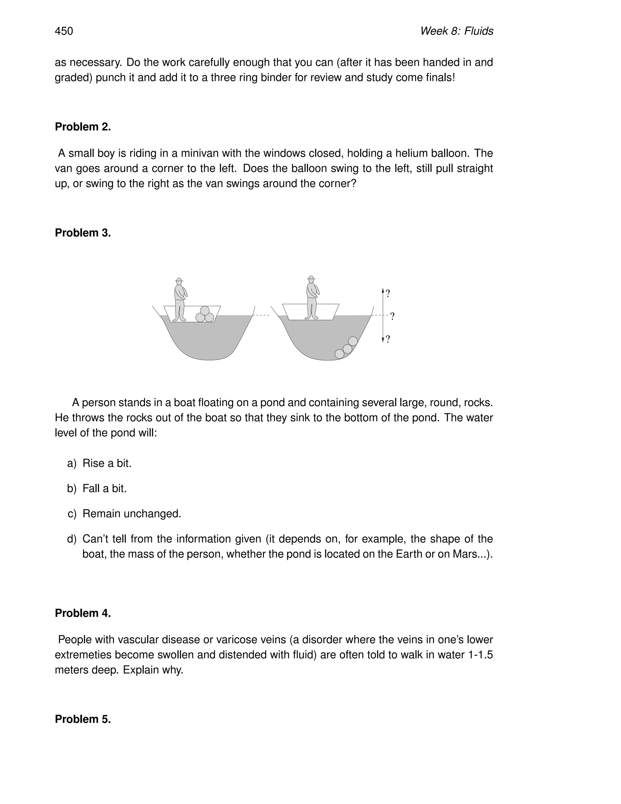 450 Week 8: Fluids
as necessary. Do the work carefully enough that you can (after it has been handed in and
graded) punch it and add it to a three ring binder for review and study come finals!
Problem 2.
A small boy is riding in a minivan with the windows closed, holding a helium balloon. The
van goes around a corner to the left. Does the balloon swing to the left, still pull straight
up, or swing to the right as the van swings around the corner?
Problem 3.
?
?
?
A person stands in a boat floating on a pond and containing several large, round, rocks.
He throws the rocks out of the boat so that they sink to the bottom of the pond. The water
level of the pond will:
a) Rise a bit.
b) Fall a bit.
c) Remain unchanged.
d) Can’t tell from the information given (it depends on, for example, the shape of the
boat, the mass of the person, whether the pond is located on the Earth or on Mars...).
Problem 4.
People with vascular disease or varicose veins (a disorder where the veins in one’s lower
extremeties become swollen and distended with fluid) are often told to walk in water 1-1.5
meters deep. Explain why.
Problem 5.
 