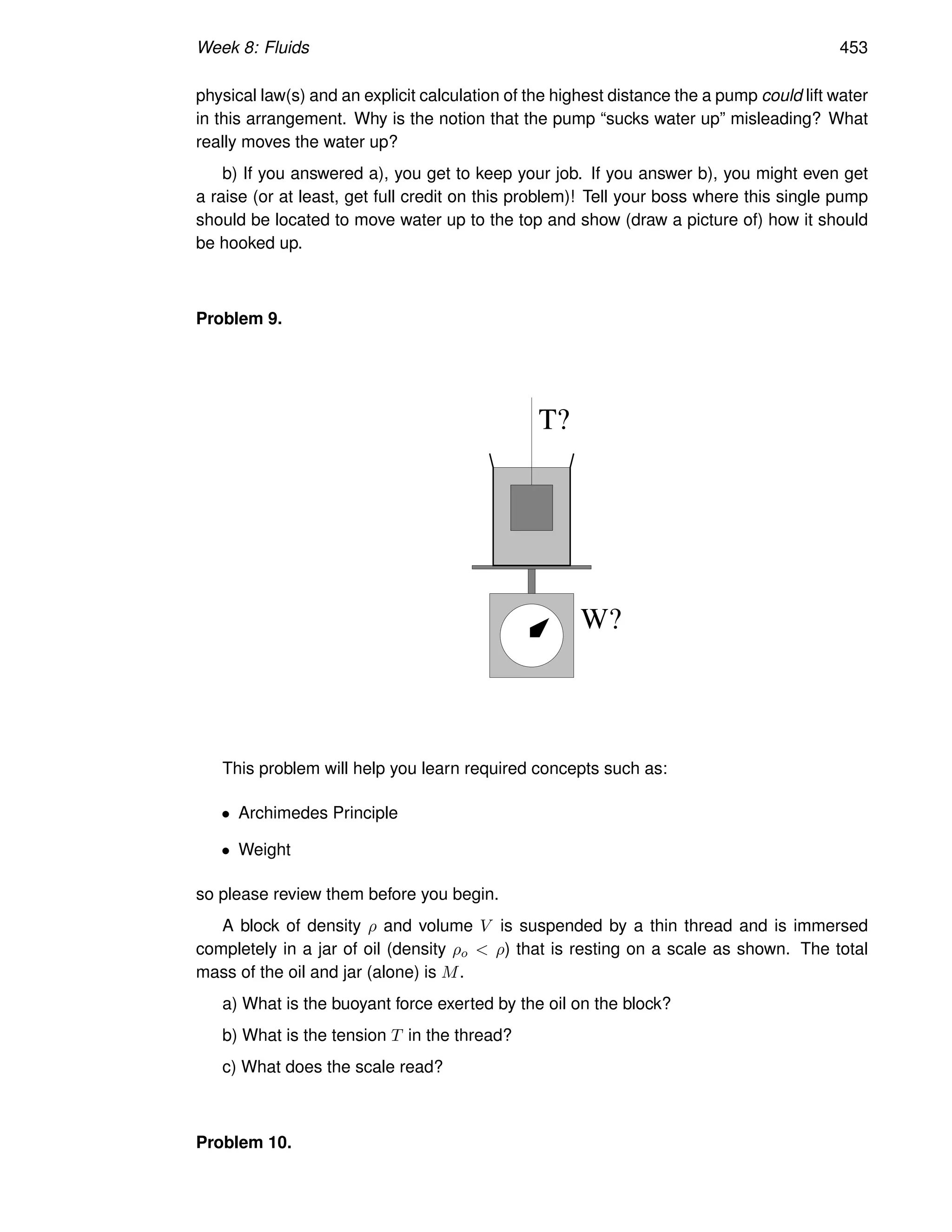 Week 8: Fluids 453
physical law(s) and an explicit calculation of the highest distance the a pump could lift water
in this arrangement. Why is the notion that the pump “sucks water up” misleading? What
really moves the water up?
b) If you answered a), you get to keep your job. If you answer b), you might even get
a raise (or at least, get full credit on this problem)! Tell your boss where this single pump
should be located to move water up to the top and show (draw a picture of) how it should
be hooked up.
Problem 9.
W?
T?
This problem will help you learn required concepts such as:
• Archimedes Principle
• Weight
so please review them before you begin.
A block of density ρ and volume V is suspended by a thin thread and is immersed
completely in a jar of oil (density ρo  ρ) that is resting on a scale as shown. The total
mass of the oil and jar (alone) is M.
a) What is the buoyant force exerted by the oil on the block?
b) What is the tension T in the thread?
c) What does the scale read?
Problem 10.
 