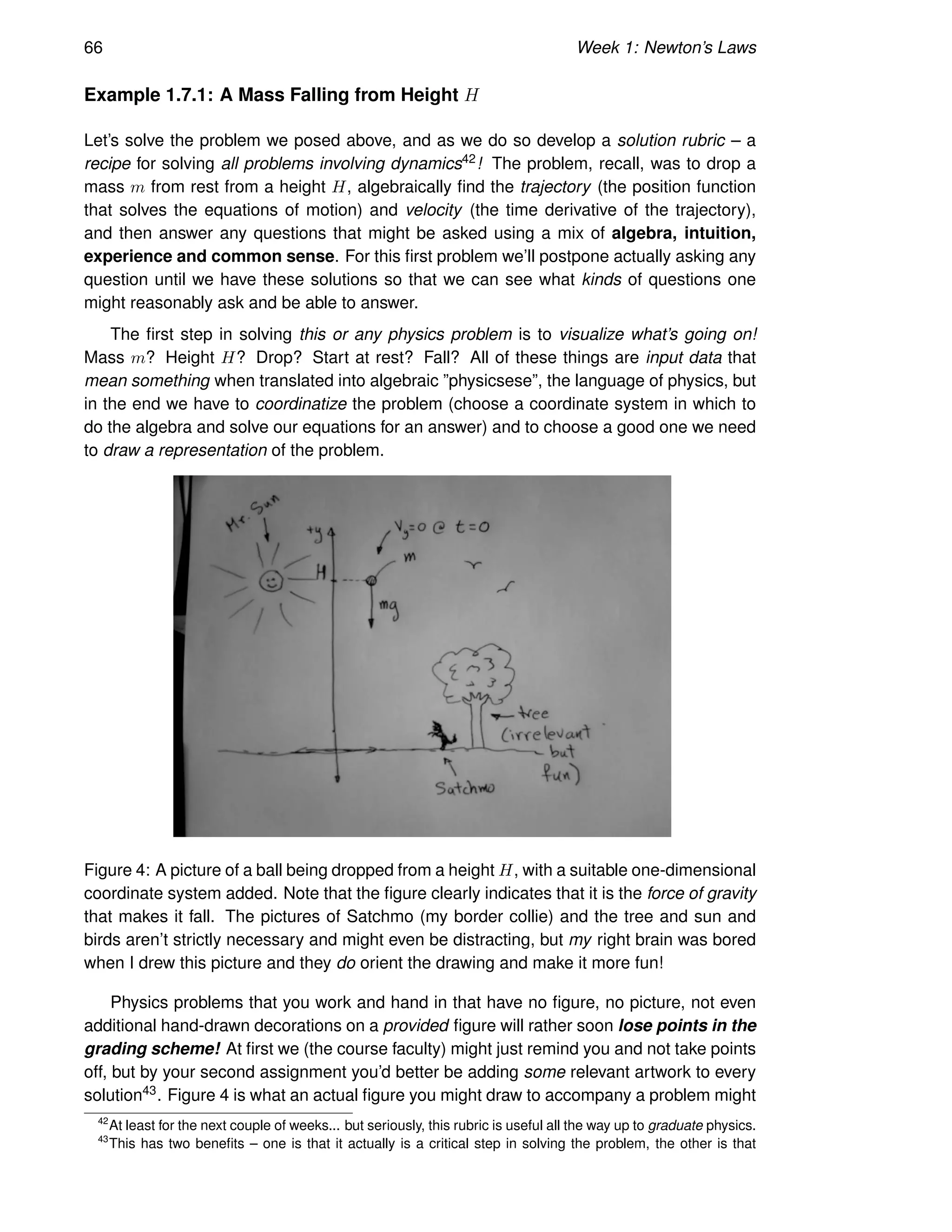 66 Week 1: Newton’s Laws
Example 1.7.1: A Mass Falling from Height H
Let’s solve the problem we posed above, and as we do so develop a solution rubric – a
recipe for solving all problems involving dynamics42! The problem, recall, was to drop a
mass m from rest from a height H, algebraically find the trajectory (the position function
that solves the equations of motion) and velocity (the time derivative of the trajectory),
and then answer any questions that might be asked using a mix of algebra, intuition,
experience and common sense. For this first problem we’ll postpone actually asking any
question until we have these solutions so that we can see what kinds of questions one
might reasonably ask and be able to answer.
The first step in solving this or any physics problem is to visualize what’s going on!
Mass m? Height H? Drop? Start at rest? Fall? All of these things are input data that
mean something when translated into algebraic ”physicsese”, the language of physics, but
in the end we have to coordinatize the problem (choose a coordinate system in which to
do the algebra and solve our equations for an answer) and to choose a good one we need
to draw a representation of the problem.
Figure 4: A picture of a ball being dropped from a height H, with a suitable one-dimensional
coordinate system added. Note that the figure clearly indicates that it is the force of gravity
that makes it fall. The pictures of Satchmo (my border collie) and the tree and sun and
birds aren’t strictly necessary and might even be distracting, but my right brain was bored
when I drew this picture and they do orient the drawing and make it more fun!
Physics problems that you work and hand in that have no figure, no picture, not even
additional hand-drawn decorations on a provided figure will rather soon lose points in the
grading scheme! At first we (the course faculty) might just remind you and not take points
off, but by your second assignment you’d better be adding some relevant artwork to every
solution43. Figure 4 is what an actual figure you might draw to accompany a problem might
42
At least for the next couple of weeks... but seriously, this rubric is useful all the way up to graduate physics.
43
This has two benefits – one is that it actually is a critical step in solving the problem, the other is that
 