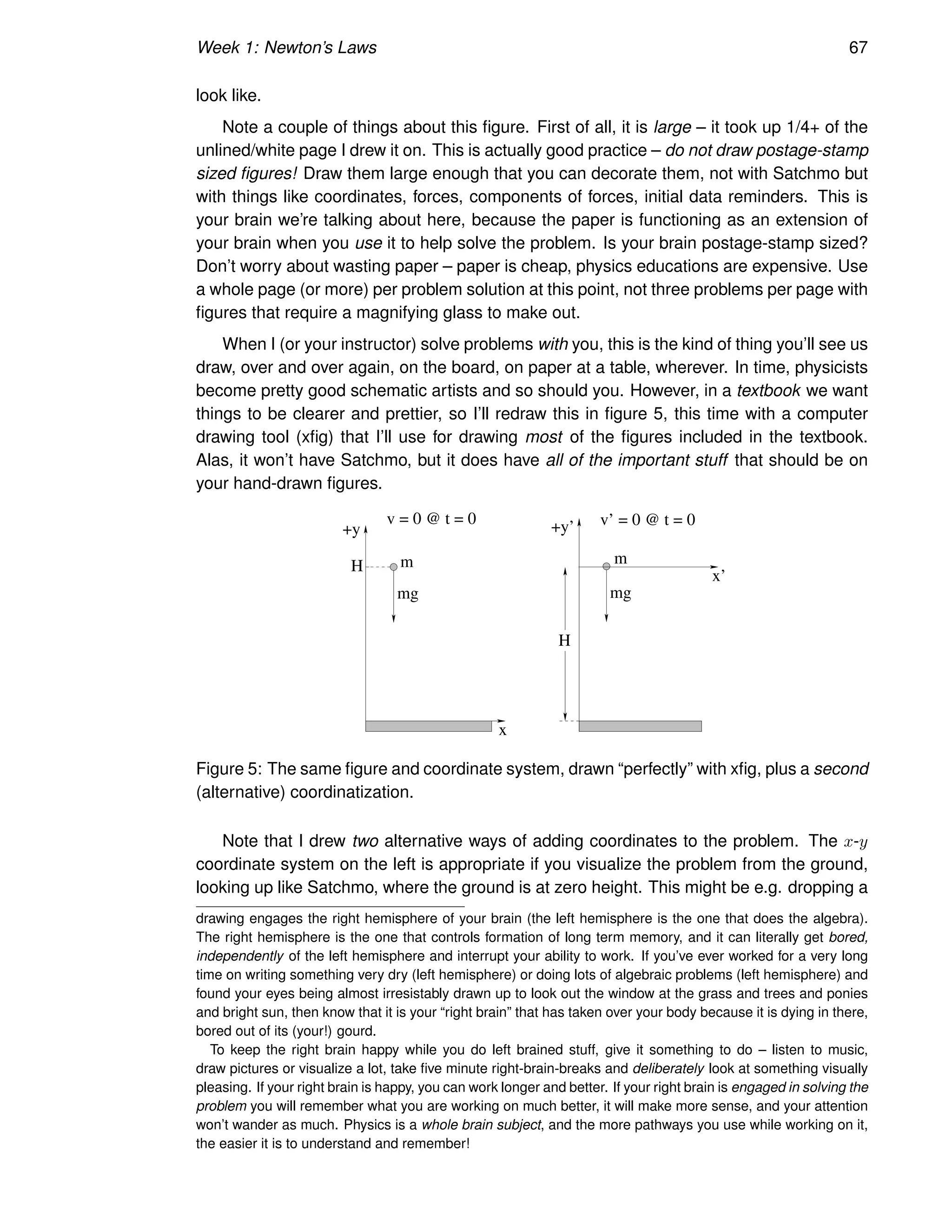 Week 1: Newton’s Laws 67
look like.
Note a couple of things about this figure. First of all, it is large – it took up 1/4+ of the
unlined/white page I drew it on. This is actually good practice – do not draw postage-stamp
sized figures! Draw them large enough that you can decorate them, not with Satchmo but
with things like coordinates, forces, components of forces, initial data reminders. This is
your brain we’re talking about here, because the paper is functioning as an extension of
your brain when you use it to help solve the problem. Is your brain postage-stamp sized?
Don’t worry about wasting paper – paper is cheap, physics educations are expensive. Use
a whole page (or more) per problem solution at this point, not three problems per page with
figures that require a magnifying glass to make out.
When I (or your instructor) solve problems with you, this is the kind of thing you’ll see us
draw, over and over again, on the board, on paper at a table, wherever. In time, physicists
become pretty good schematic artists and so should you. However, in a textbook we want
things to be clearer and prettier, so I’ll redraw this in figure 5, this time with a computer
drawing tool (xfig) that I’ll use for drawing most of the figures included in the textbook.
Alas, it won’t have Satchmo, but it does have all of the important stuff that should be on
your hand-drawn figures.
x
mg
H
+y
m
v = 0 @ t = 0
mg
m
H
+y’
x’
v’ = 0 @ t = 0
Figure 5: The same figure and coordinate system, drawn “perfectly” with xfig, plus a second
(alternative) coordinatization.
Note that I drew two alternative ways of adding coordinates to the problem. The x-y
coordinate system on the left is appropriate if you visualize the problem from the ground,
looking up like Satchmo, where the ground is at zero height. This might be e.g. dropping a
drawing engages the right hemisphere of your brain (the left hemisphere is the one that does the algebra).
The right hemisphere is the one that controls formation of long term memory, and it can literally get bored,
independently of the left hemisphere and interrupt your ability to work. If you’ve ever worked for a very long
time on writing something very dry (left hemisphere) or doing lots of algebraic problems (left hemisphere) and
found your eyes being almost irresistably drawn up to look out the window at the grass and trees and ponies
and bright sun, then know that it is your “right brain” that has taken over your body because it is dying in there,
bored out of its (your!) gourd.
To keep the right brain happy while you do left brained stuff, give it something to do – listen to music,
draw pictures or visualize a lot, take five minute right-brain-breaks and deliberately look at something visually
pleasing. If your right brain is happy, you can work longer and better. If your right brain is engaged in solving the
problem you will remember what you are working on much better, it will make more sense, and your attention
won’t wander as much. Physics is a whole brain subject, and the more pathways you use while working on it,
the easier it is to understand and remember!
 