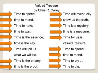 Time to spend;
time to mend.
Time to hate;
time to wait.
Time is the essence;
time is the key.
Time will tell us
what we will be.
Time is the enemy;
time is the proof.
Time will eventually
show us the truth.
Time is a mystery;
time is a measure.
Time for us is
valued treasure.
Time to spend;
time to mend.
Time to cry . . .
Time to die.
Valued Treasue
by Chris R. Carey
 