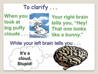 To clarify . . .
When you
look at
big puffy
clouds . . .
Your right brain
tells you, “Hey!
That one looks
like a bunny.”
While your left brain tells you . . .
It’s a
cloud,
Stupid!
 