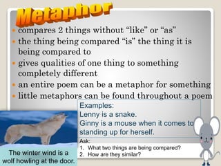  compares 2 things without “like” or “as”
 the thing being compared “is” the thing it is
being compared to
 gives qualities of one thing to something
completely different
 an entire poem can be a metaphor for something
 little metaphors can be found throughout a poem
Examples:
Lenny is a snake.
Ginny is a mouse when it comes to
standing up for herself.
The winter wind is a
wolf howling at the door.
Ask:
1. What two things are being compared?
2. How are they similar?
 
