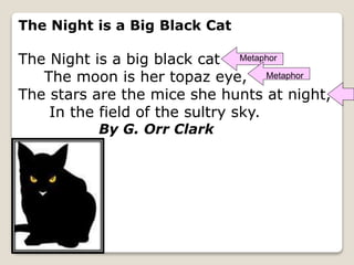 The Night is a Big Black Cat
The Night is a big black cat
The moon is her topaz eye,
The stars are the mice she hunts at night,
In the field of the sultry sky.
By G. Orr Clark
Metaphor
Metaphor
 
