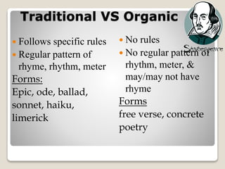 Traditional VS Organic
 Follows specific rules
 Regular pattern of
rhyme, rhythm, meter
Forms:
Epic, ode, ballad,
sonnet, haiku,
limerick
 No rules
 No regular pattern of
rhythm, meter, &
may/may not have
rhyme
Forms
free verse, concrete
poetry
 