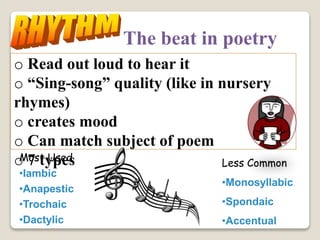 The beat in poetry
o Read out loud to hear it
o “Sing-song” quality (like in nursery
rhymes)
o creates mood
o Can match subject of poem
o 7 types
Most Used
•Iambic
•Anapestic
•Trochaic
•Dactylic
Less Common
•Monosyllabic
•Spondaic
•Accentual
 