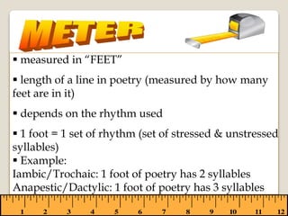  measured in “FEET”
 length of a line in poetry (measured by how many
feet are in it)
 depends on the rhythm used
 1 foot = 1 set of rhythm (set of stressed & unstressed
syllables)
 Example:
Iambic/Trochaic: 1 foot of poetry has 2 syllables
Anapestic/Dactylic: 1 foot of poetry has 3 syllables
 