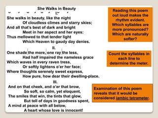 II.
One shade the more, one ray the less,
Had half impaired the nameless grace
Which waves in every raven tress,
Or softly lightens o’er her face;
Where thoughts serenely sweet express,
How pure, how dear their dwelling-place.
She Walks in Beauty
I.
She walks in beauty, like the night
Of cloudless climes and starry skies;
And all that’s best of dark and bright
Meet in her aspect and her eyes:
Thus mellowed to that tender light
Which Heaven to gaudy day denies.
III.
And on that cheek, and o’er that brow,
So soft, so calm, yet eloquent,
The smiles that win, the tints that glow,
But tell of days in goodness spent,
A mind at peace with all below,
A heart whose love is innocent!
Reading this poem
out loud makes the
rhythm evident.
Which syllables are
more pronounced?
Which are naturally
softer?
Count the syllables in
each line to
determine the meter.
Examination of this poem
reveals that it would be
considered iambic tetrameter.
˘ ΄ ˘ ΄ ˘ ΄ ˘ ΄
 