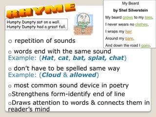 o repetition of sounds
o words end with the same sound
Example: (Hat, cat, bat, splat, chat)
o don’t have to be spelled same way
Example: (Cloud & allowed)
o most common sound device in poetry
oStrengthens form-identify end of line
oDraws attention to words & connects them in
reader’s mind
My Beard
by Shel Silverstein
My beard grows to my toes,
I never wears no clothes,
I wraps my hair
Around my bare,
And down the road I goes.
Humpty Dumpty sat on a wall.
Humpty Dumpty had a great fall.
 