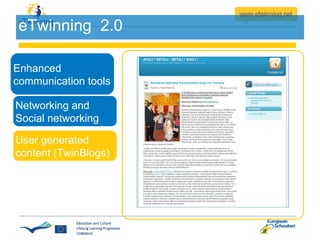 eTwinning  2.0 Enhanced communication tools Networking and  Social networking  User generated content (TwinBlogs) 