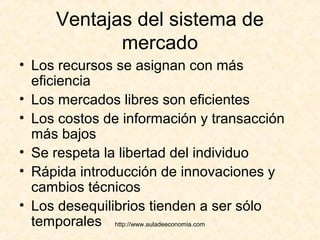 http://www.auladeeconomia.com
Ventajas del sistema de
mercado
• Los recursos se asignan con más
eficiencia
• Los mercados libres son eficientes
• Los costos de información y transacción
más bajos
• Se respeta la libertad del individuo
• Rápida introducción de innovaciones y
cambios técnicos
• Los desequilibrios tienden a ser sólo
temporales
 