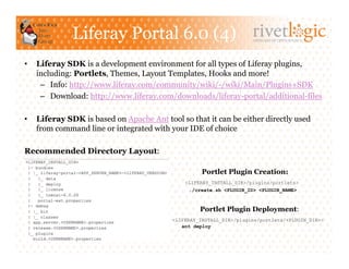 Liferay Portal 6.0 (4)                                 ARTISANS OF OPEN SOURCE




•    Liferay SDK is a development environment for all types of Liferay plugins,
     including: Portlets, Themes, Layout Templates, Hooks and more!
      –  Info: http://www.liferay.com/community/wiki/-/wiki/Main/Plugins+SDK
      –  Download: http://www.liferay.com/downloads/liferay-portal/additional-files

•    Liferay SDK is based on Apache Ant tool so that it can be either directly used
     from command line or integrated with your IDE of choice

Recommended Directory Layout:

                                                     Portlet Plugin Creation:
                                               <LIFERAY_INSTALL_DIR>/plugins/portlets>
                                                ./create.sh <PLUGIN_ID> <PLUGIN_NAME>



                                                    Portlet Plugin Deployment:
                                           <LIFERAY_INSTALL_DIR>/plugins/portlets/<PLUGIN_DIR>>
                                              ant deploy
 