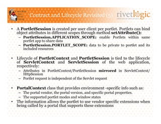 Contract and Lifecycle Revisited (5)                   ARTISANS OF OPEN SOURCE




•  A PortletSession is created per user client per portlet. Portlets can bind
   object attributes in different scopes through method setAttribute():
    –  PortletSession.APPLICATION_SCOPE: enable Portlets within same
       portlet app to share data
    –  PortletSession.PORTLET_SCOPE: data to be private to portlet and its
       included resources

•  Lifecycle of PortletContext and PortletSession is tied to the lifecycle
   of ServletContext and ServletSession of the web application,
   respectively:
    –  Attributes in PortletContext/PortletSession mirrored in ServletContext/
       HttpSession
    –  Portlet request is independent of the Servlet request

•  PortalContext class that provides environment -specific info such as:
    –  The portal vendor, the portal version, and specific portal properties.
    –  The supported portlet modes and window states
•  The information allows the portlet to use vendor specific extensions when
   being called by a portal that supports these extensions
 