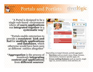 Portals and Portlets                              ARTISANS OF OPEN SOURCE




     “A Portal is designed to be a
  single web-based environment
  where all users applications
  run integrated together in a
               systematic way”

    “Portals enable enterprises to
provide a consistent look and
feel for multiple applications
           and databases, which
 otherwise would have been seen
  as different entities altogether”
                                      Depending on target domain, portals aggregate:
“Aggregation is the process of        •  Services such as email, news, blogs, forums,
       seamlessly integrating            information, business specific apps, etc
                                      •  Cross-cutting features such as search, single
   content and applications              sign-on, access control, look and feel, etc
     from different sources”
 