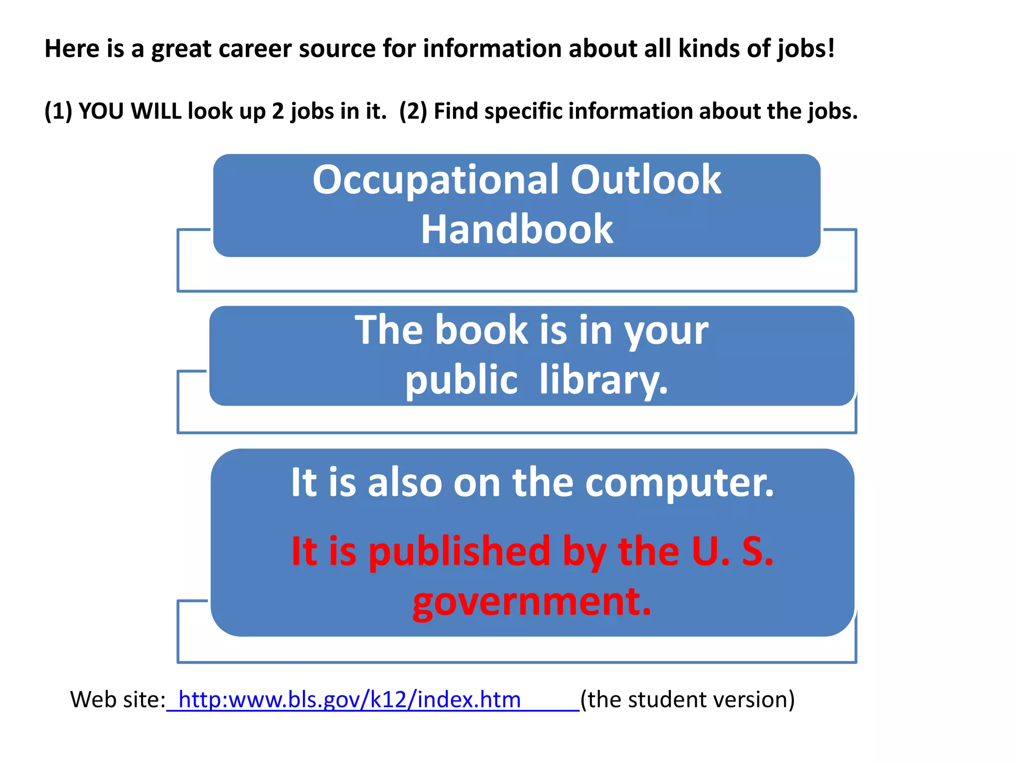 Here is a great career source for information about all kinds of jobs!

(1) YOU WILL look up 2 jobs in it. (2) Find specific information about the jobs.

                          Occupational Outlook
                               Handbook

                              The book is in your
                                public library.

                        It is also on the computer.
                        It is published by the U. S.
                                government.

  Web site: http:www.bls.gov/k12/index.htm          (the student version)
 