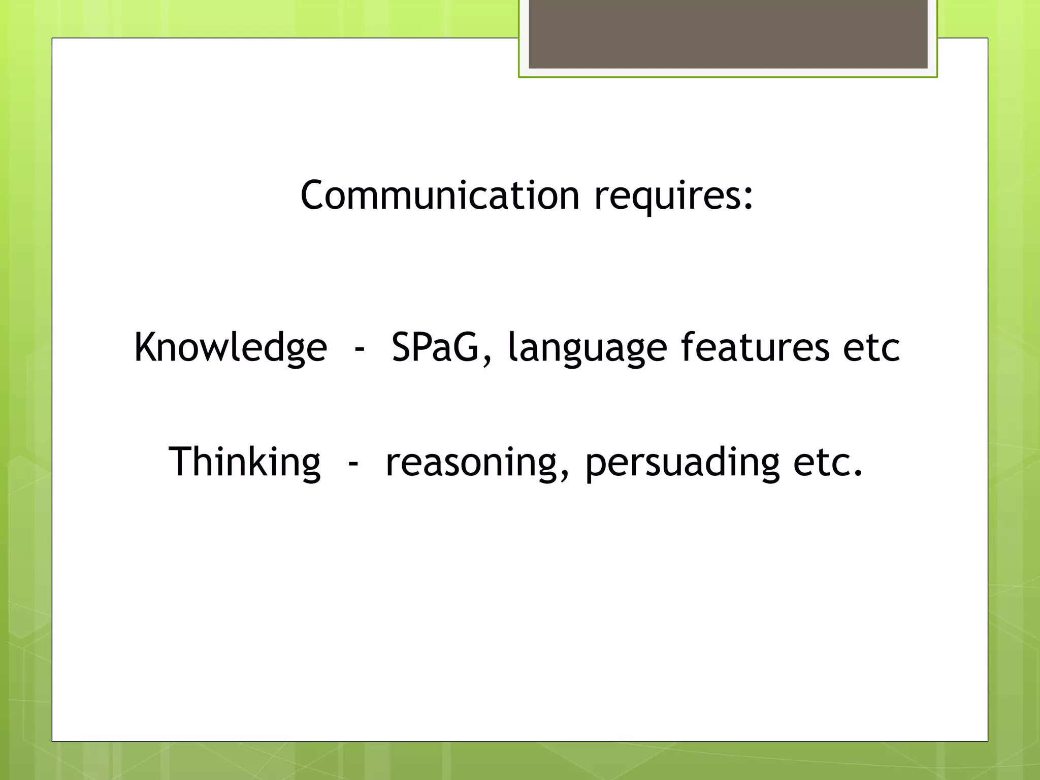 Communication requires: 
Knowledge - SPaG, language features etc 
Thinking - reasoning, persuading etc. 
 