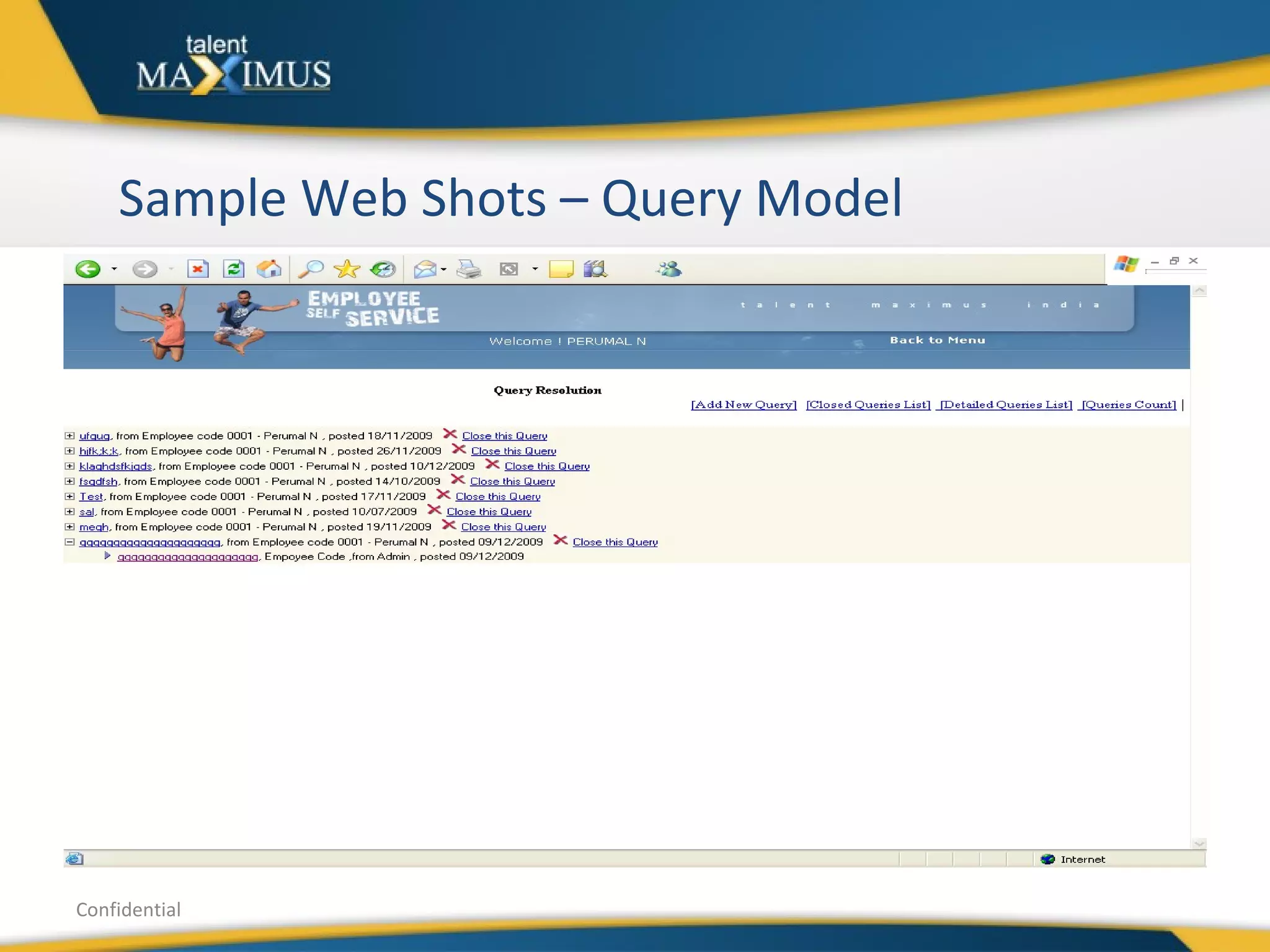 Sample Web Shots – Query Model Confidential 