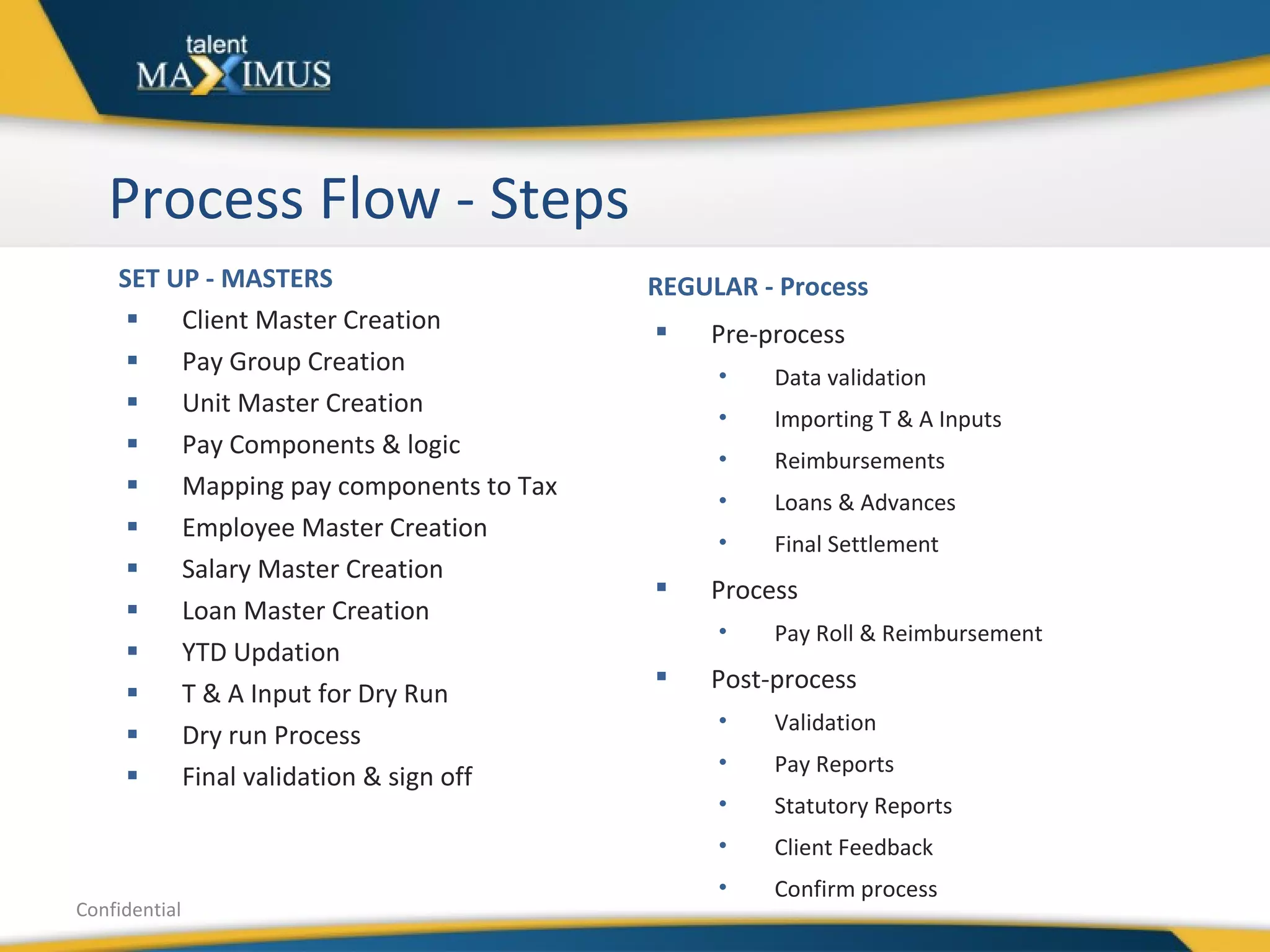 Process Flow - Steps SET UP - MASTERS Client Master Creation Pay Group Creation Unit Master Creation Pay Components & logic Mapping pay components to Tax Employee Master Creation Salary Master Creation Loan Master Creation YTD Updation T & A Input for Dry Run Dry run Process Final validation & sign off Confidential REGULAR - Process Pre-process  Data validation  Importing T & A Inputs Reimbursements  Loans & Advances Final Settlement  Process  Pay Roll & Reimbursement Post-process Validation Pay Reports Statutory Reports Client Feedback Confirm process 