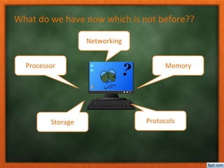 What do we have now which is not before??
Processor Memory
Storage Protocols
Networking
 