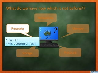 What do we have now which is not before??
Processor Memory
Storage Protocols
Networking
• WHY?
- Microprocessor Tech
 