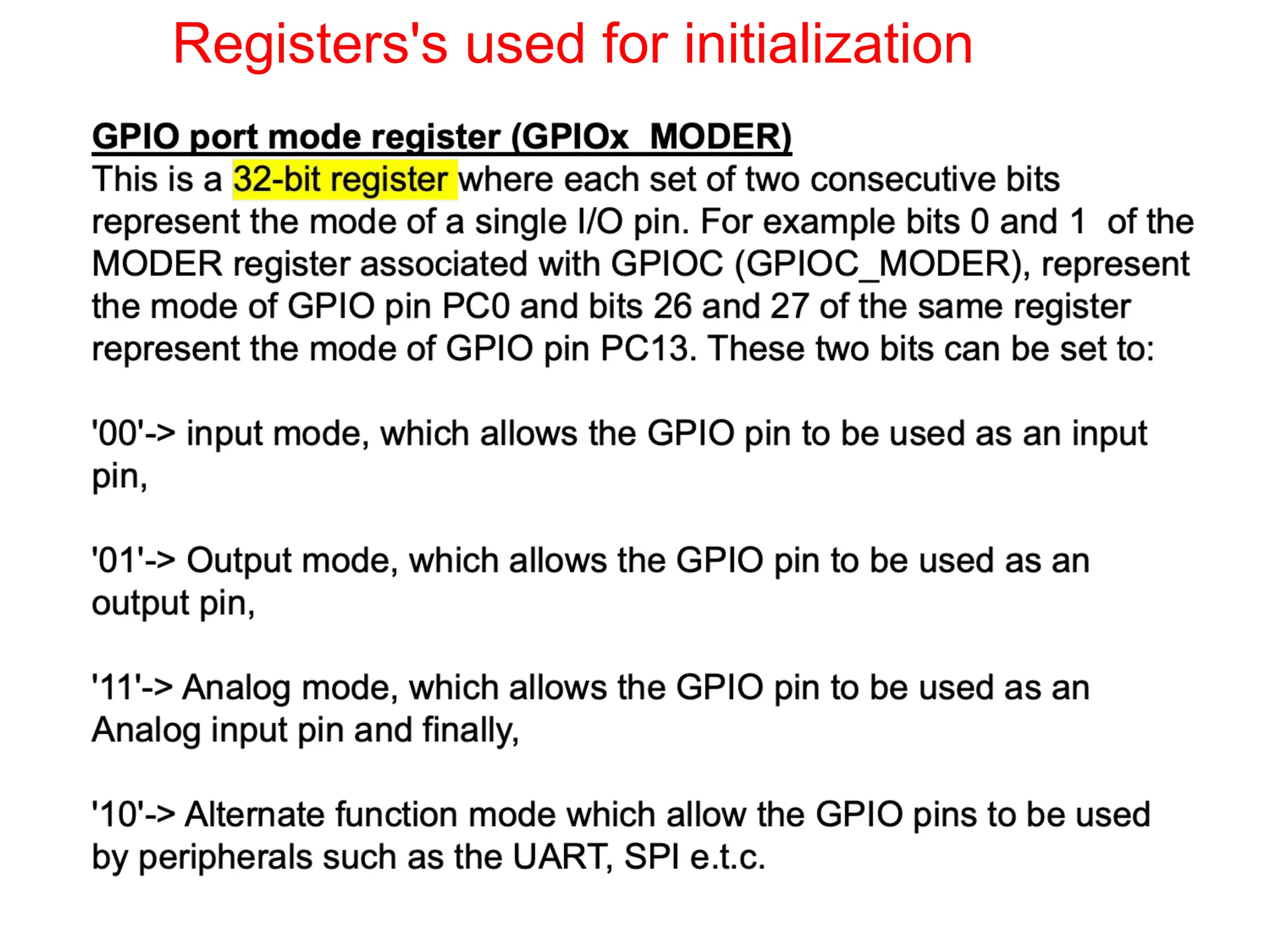 Registers's used for initialization
 