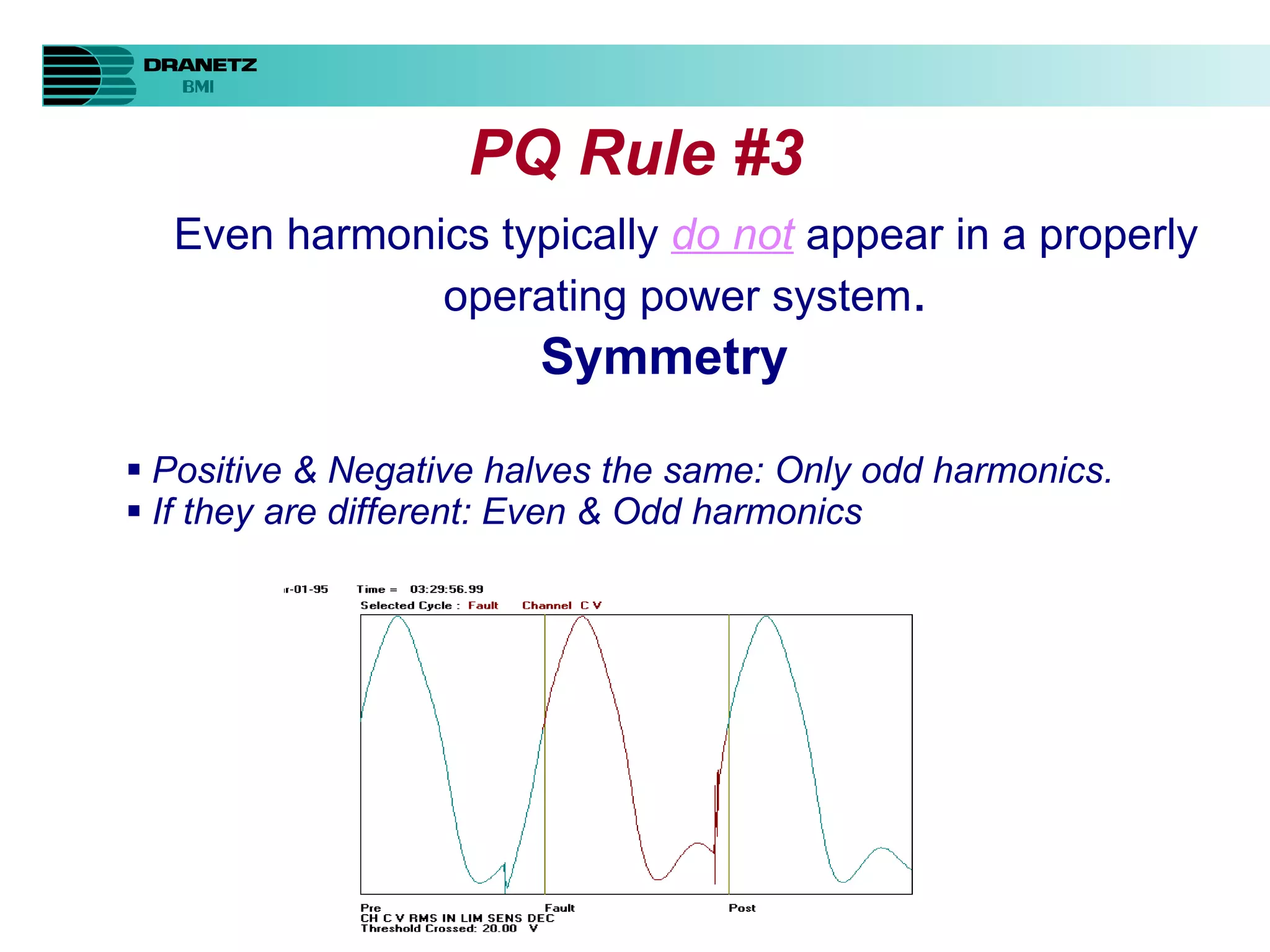 PQ Rule #3 Even harmonics typically  do not  appear in a properly operating power system . Symmetry   Positive & Negative halves the same: Only odd harmonics. If they are different: Even & Odd harmonics 