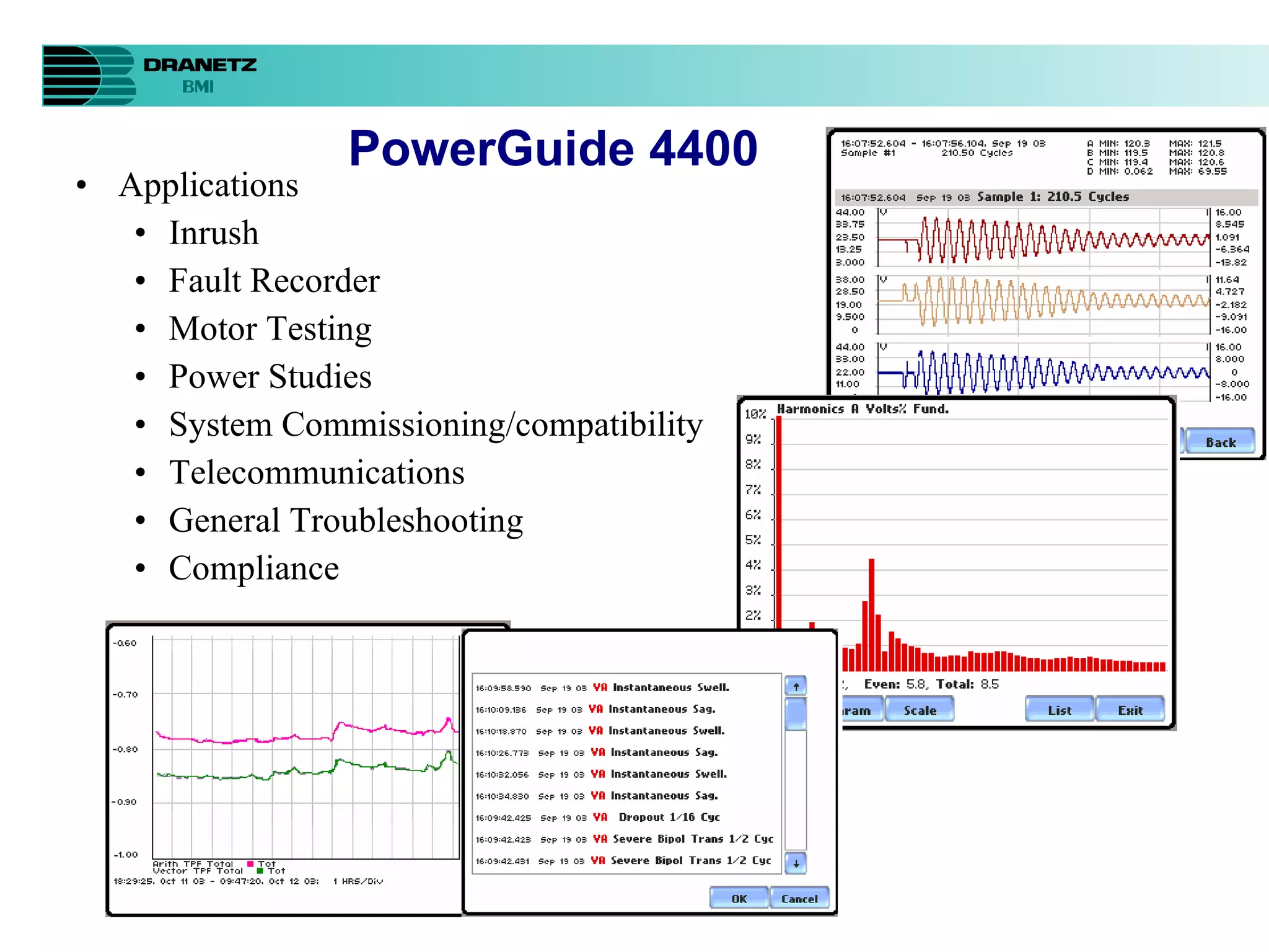 Applications Inrush Fault Recorder Motor Testing Power Studies System Commissioning/compatibility Telecommunications General Troubleshooting  Compliance PowerGuide 4400 