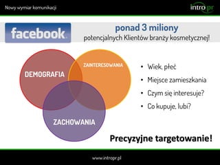 ponad 3 miliony
potencjalnych Klientów branży kosmetycznej!
Precyzyjne targetowanie!
DEMOGRAFIA
ZAINTERESOWANIA
ZACHOWANIA
• Wiek, płeć
• Miejsce zamieszkania
• Czym się interesuje?
• Co kupuje, lubi?
 