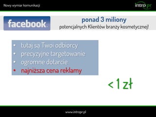 ponad 3 miliony
potencjalnych Klientów branży kosmetycznej!
• tutaj są Twoi odbiorcy
• precyzyjne targetowanie
• ogromne dotarcie
• najniższa cena reklamy
< 1 zł
 