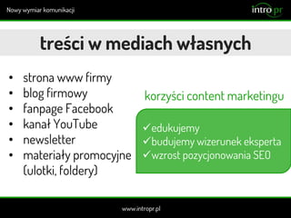 treści w mediach własnych
• strona www firmy
• blog firmowy
• fanpage Facebook
• kanał YouTube
• newsletter
• materiały promocyjne
(ulotki, foldery)
edukujemy
budujemy wizerunek eksperta
wzrost pozycjonowania SEO
korzyści content marketingu
 