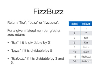 FizzBuzz
Return “ﬁzz”, “buzz” or “ﬁzzbuzz”.
For a given natural number greater
zero return:
• “ﬁzz” if it is dividable by 3
• “buzz” if it is dividable by 5
• “ﬁzzbuzz” if it is dividable by 3 and
5.
Input Result
1 1
2 2
3 ﬁzz
6 ﬁzz
5 buzz
10 buzz
15 ﬁzzbuzz
30 ﬁzzbuzz
 