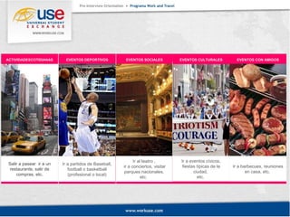 ACTIVIDADES EVENTOS DEPORTIVOS EVENTOS SOCIALES EVENTOS CULTURALES COTIDIANAS 
Ir a partidos de Baseball, 
football o basketball 
(profesional o local) 
Ir al teatro , 
ir a conciertos, visitar 
parques nacionales, 
etc. 
Ir a eventos cívicos, 
fiestas típicas de la 
ciudad, 
etc. 
Salir a pasear ir a un 
restaurante, salir de 
compras, etc. 
EVENTOS CON AMIGOS 
Ir a barbecues, reuniones 
en casa, etc. 
 