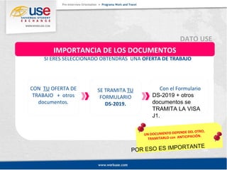 IMPORTANCIA DE LOS DOCUMENTOS 
DATO USE 
SI ERES SELECCIONADO OBTENDRÁS UNA OFERTA DE TRABAJO 
UN DOCUMENTO DEPENDE DEL OTRO, 
TRAMITARLO con ANTICIPACIÓN. 
POR ESO ES IMPORTANTE 
CON TU OFERTA DE 
TRABAJO + otros 
documentos. 
SE TRAMITA TU 
FORMULARIO 
DS-2019. 
Con el Formulario 
DS-2019 + otros 
documentos se 
TRAMITA LA VISA 
J1. 
 