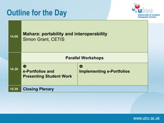 Outline for the Day Closing Plenary 15.30 Implementing e-Portfolios e-Portfolios and Presenting Student Work Parallel Workshops 14.30 Mahara: portability and interoperability Simon Grant, CETIS 14.00