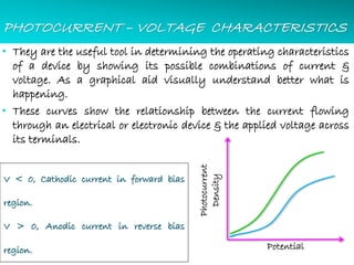 PHOTOCURRENT – VOLTAGE CHARACTERISTICS
• They are the useful tool in determining the operating characteristics
of a device by showing its possible combinations of current &
voltage. As a graphical aid visually understand better what is
happening.
• These curves show the relationship between the current flowing
through an electrical or electronic device & the applied voltage across
its terminals.
Photocurrent
Density
Potential
V < 0, Cathodic current in forward bias
region.
V > 0, Anodic current in reverse bias
region.
 