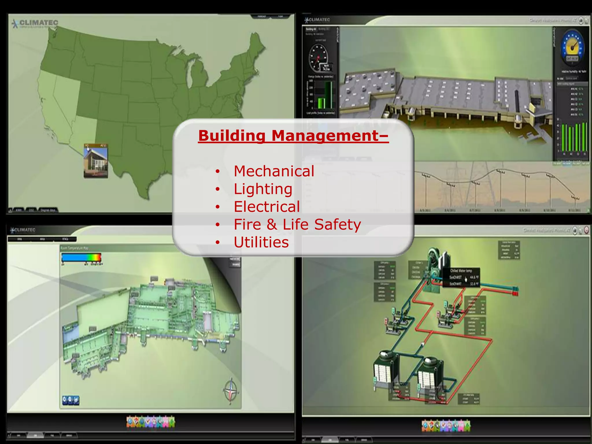 Building Management–

 •   Mechanical
 •   Lighting
 •   Electrical
 •   Fire & Life Safety
 •   Utilities
 