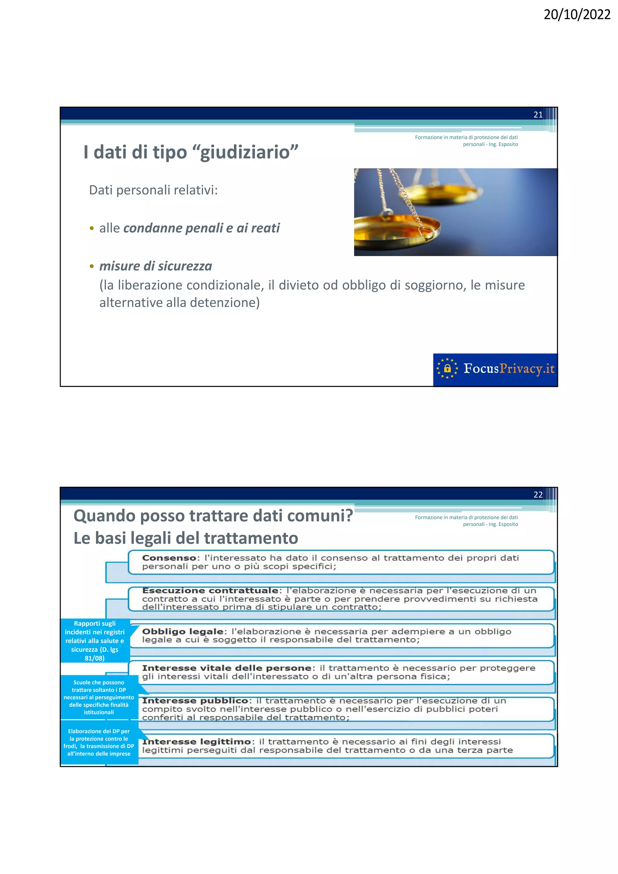 20/10/2022
I dati di tipo “giudiziario”
Dati personali relativi:
• alle condanne penali e ai reati
• misure di sicurezza
(la liberazione condizionale, il divieto od obbligo di soggiorno, le misure
alternative alla detenzione)
21
Formazione in materia di protezione dei dati
personali - Ing. Esposito
Quando posso trattare dati comuni?
Le basi legali del trattamento
22
Formazione in materia di protezione dei dati
personali - Ing. Esposito
Rapporti sugli
incidenti nei registri
relativi alla salute e
sicurezza (D. lgs
81/08)
Scuole che possono
trattare soltanto i DP
necessari al perseguimento
delle specifiche finalità
istituzionali
Elaborazione dei DP per
la protezione contro le
frodi, la trasmissione di DP
all’interno delle imprese
 