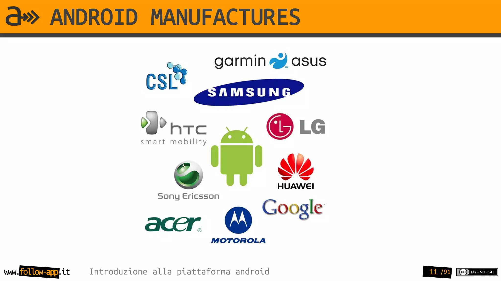 ANDROID MANUFACTURES




www.follow-app.it   Introduzione alla piattaforma android   11 /91
 