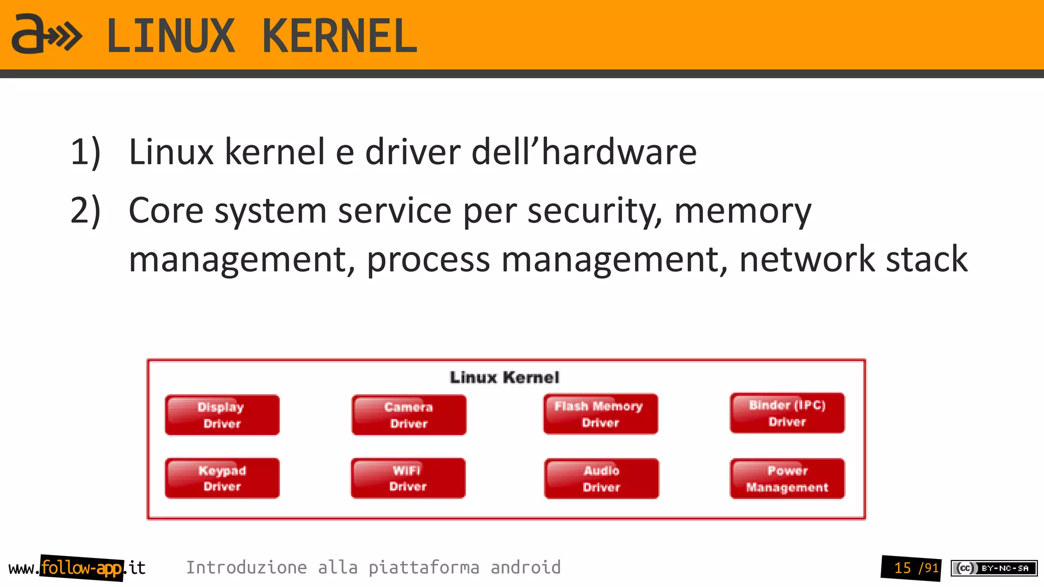 LINUX KERNEL

       1) Linux kernel e driver dell’hardware
       2) Core system service per security, memory
          management, process management, network stack




www.follow-app.it   Introduzione alla piattaforma android   15 /91
 